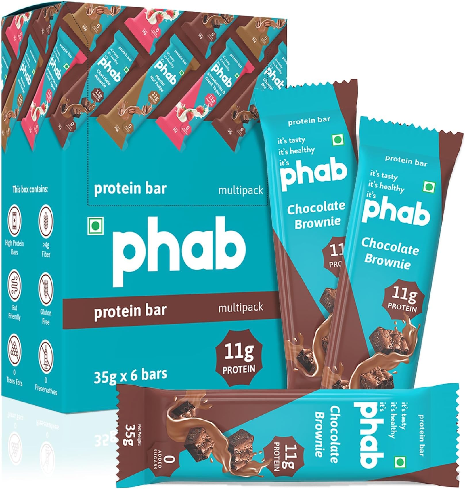 Phab Chocolate Brownie 11G Protein Bars (Pack Of 6), Pea Isolate, High Fiber, No Preservatives For Energy, Fitness & Immunity With Goodness Of Dates & Cocoa Powder, 210 Gm