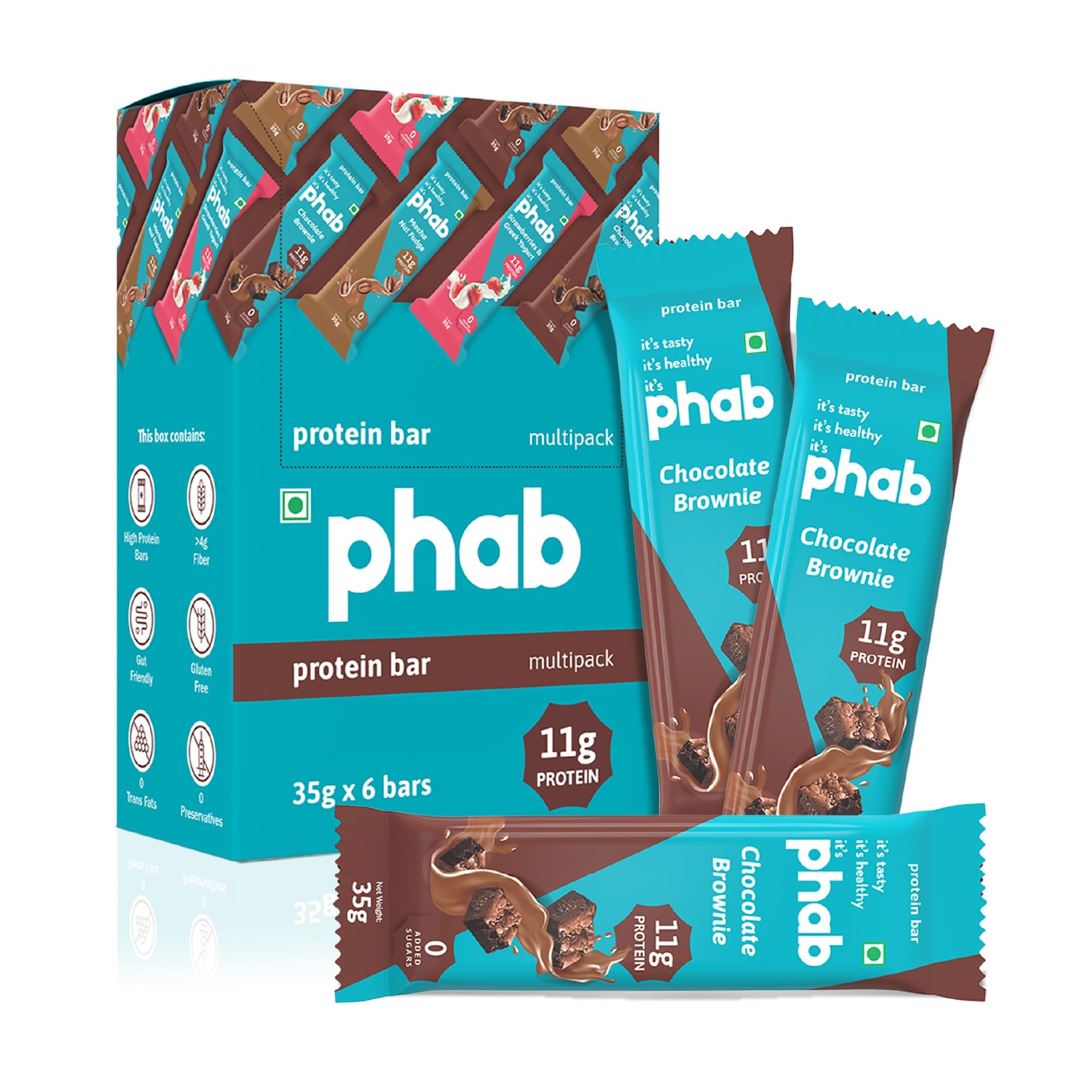 Phab Chocolate Brownie 11G Protein Bars (Pack Of 6), Pea Isolate, High Fiber, No Preservatives For Energy, Fitness & Immunity With Goodness Of Dates & Cocoa Powder, 210 Gm