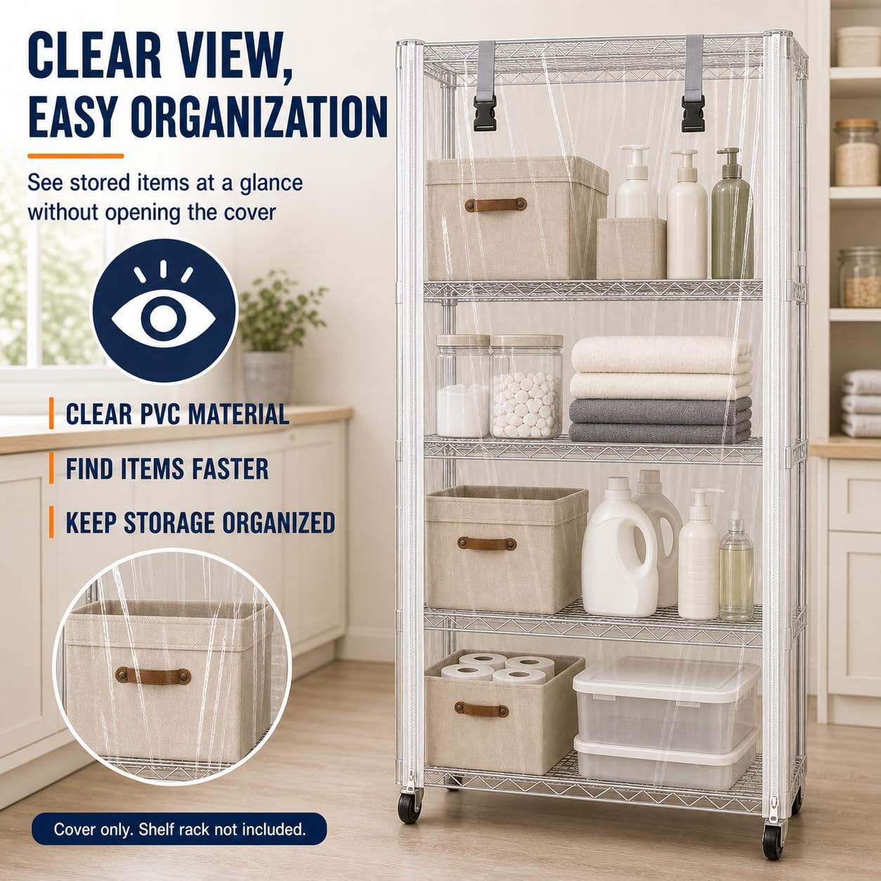 Wire Shelving Cover 48" x 24" x 72" Clear PVC Dustproof Storage Rack Cover | Front Zippers, Roll-Up Panel, Hook & Loop Fixing, Silver Trim, Easy Access, Garage, Pantry Storage
