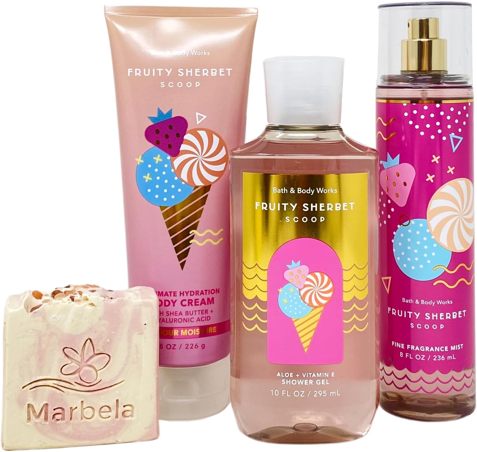 Fruity Sherbet Scoop 3 Piece Gift Set - Fragrance Mist - Body Cream - Shower Gel - with a Himalayan Salts Springs Bar Soap