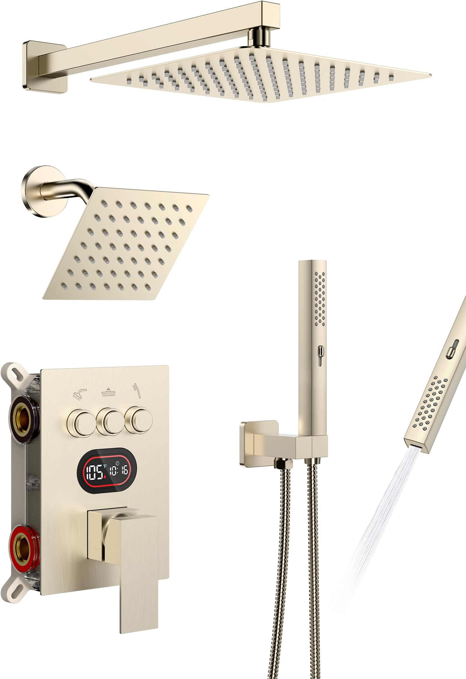 Push Button Diverter Shower Faucet Set Hydro Power Temperature Display, Shower System Wall Mounted 10" & 6" Shower Head with 3-Spary Handheld, Shower Fixtures with Valve and Trim Kit, Brushed Nickel