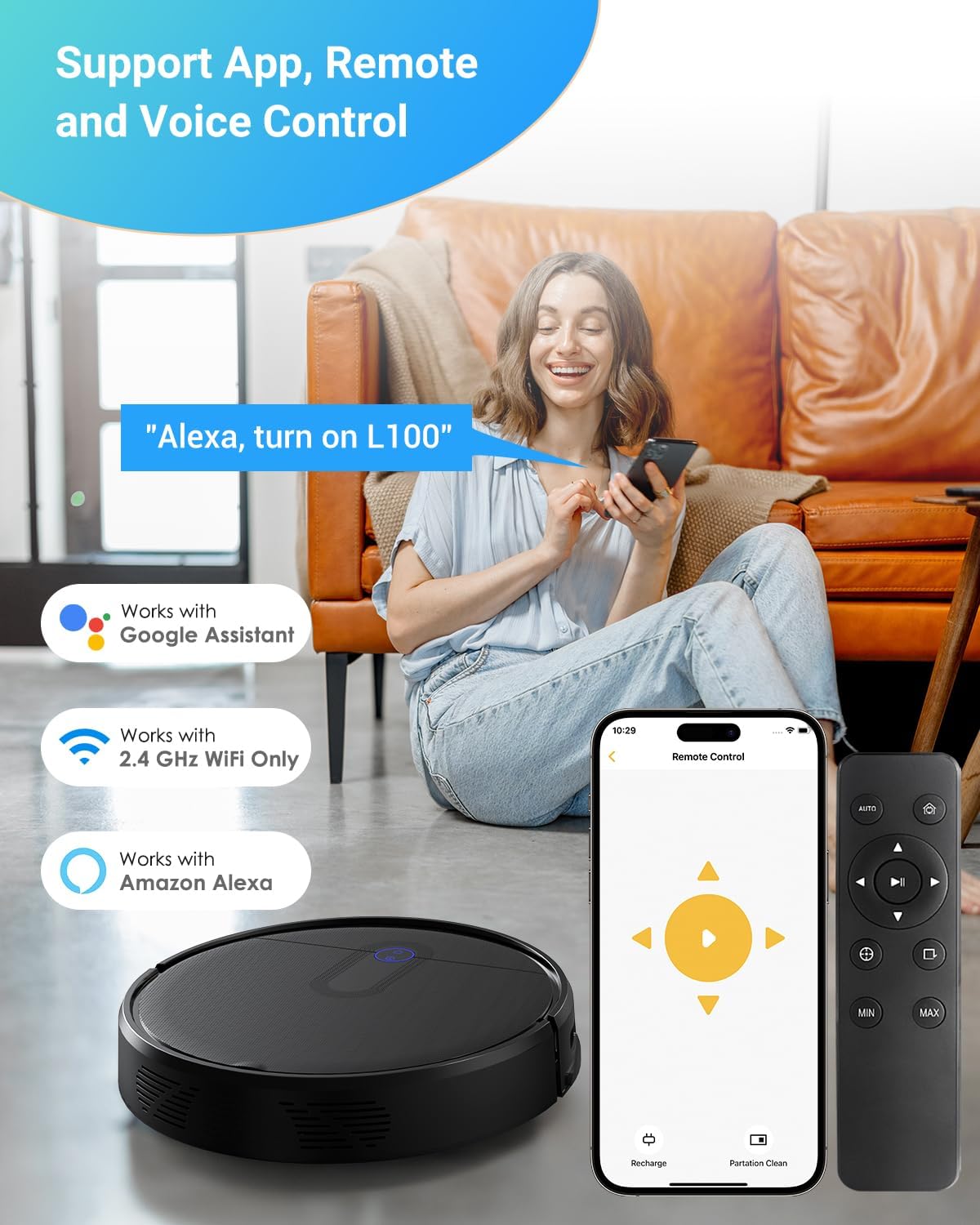 A person using a smartphone to control the Thamtu L100 Robot Vacuum Cleaner, with the robot and its remote control visible. Text indicates support for App, Remote, and Voice Control, including compatibility with Amazon Alexa and Google Assistant.