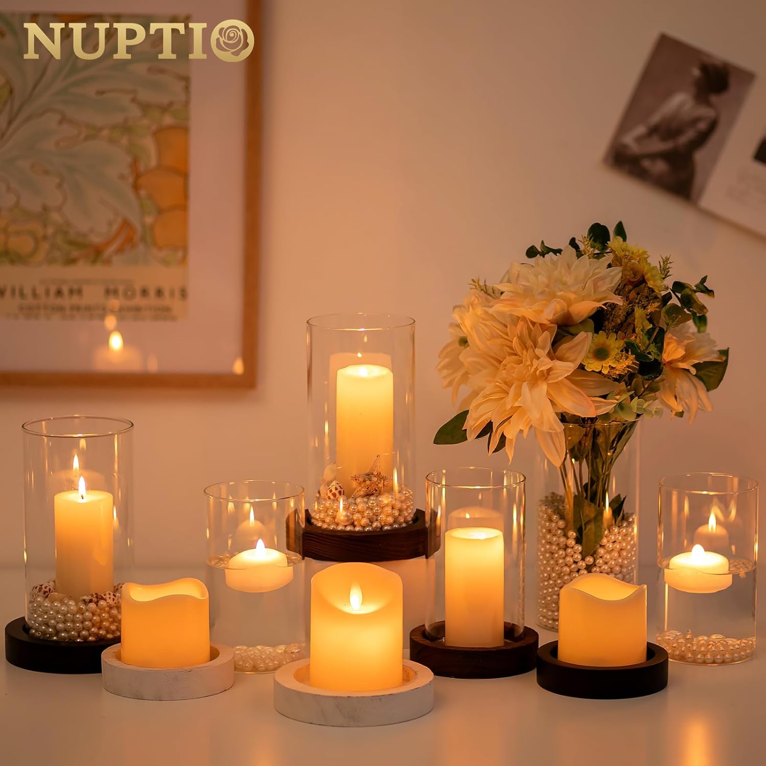 NUPTIO Hurricane Candle Holder for Centerpiece: Glass Pillar Candle Holder with Rustic Brown Wooden Plate - Set of 2 Floating Candles Cylinder Vase for Outdoor Wedding Table Decor - Image 6
