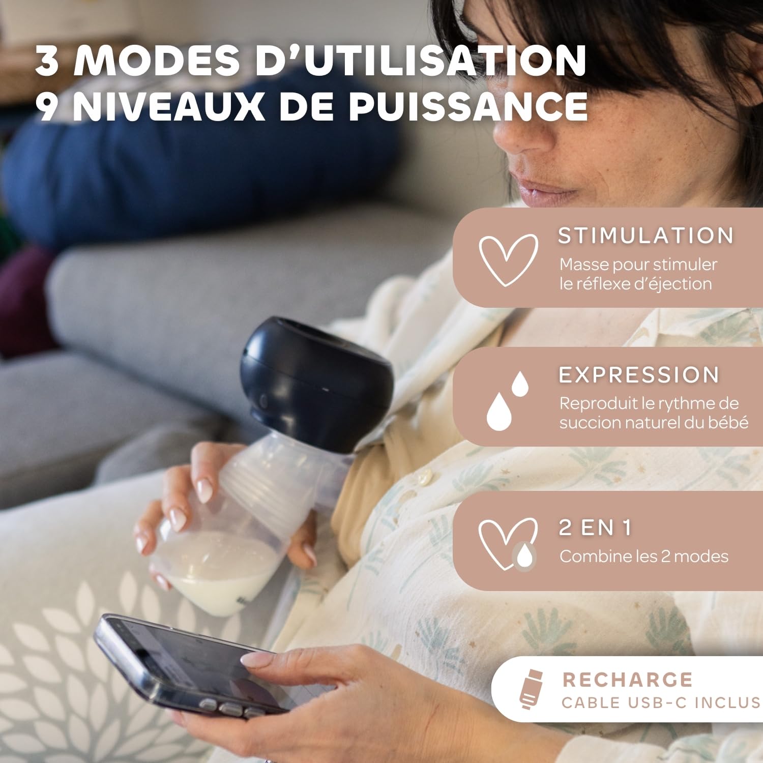 BÉABA, Tire lait electrique Simple, Nomade et Léger, 3 Modes, 9 Niveaux, Silencieux, Grande Contenance 180mL, Veilleuse, Minuterie, Fonction Mémoire, 6 séances, Charge USB C, Night blue