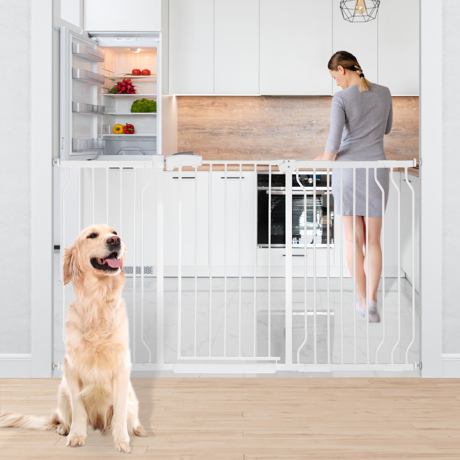 HEMRORO Extra Wide 37.4" Tall Baby Gate for Doorways & Stairs, 57.1-66.5", Easy Install Pressure Mounted Dog Gate with 3 Configurable Extensions for The House Indoor, Safety Gate for Pet, White