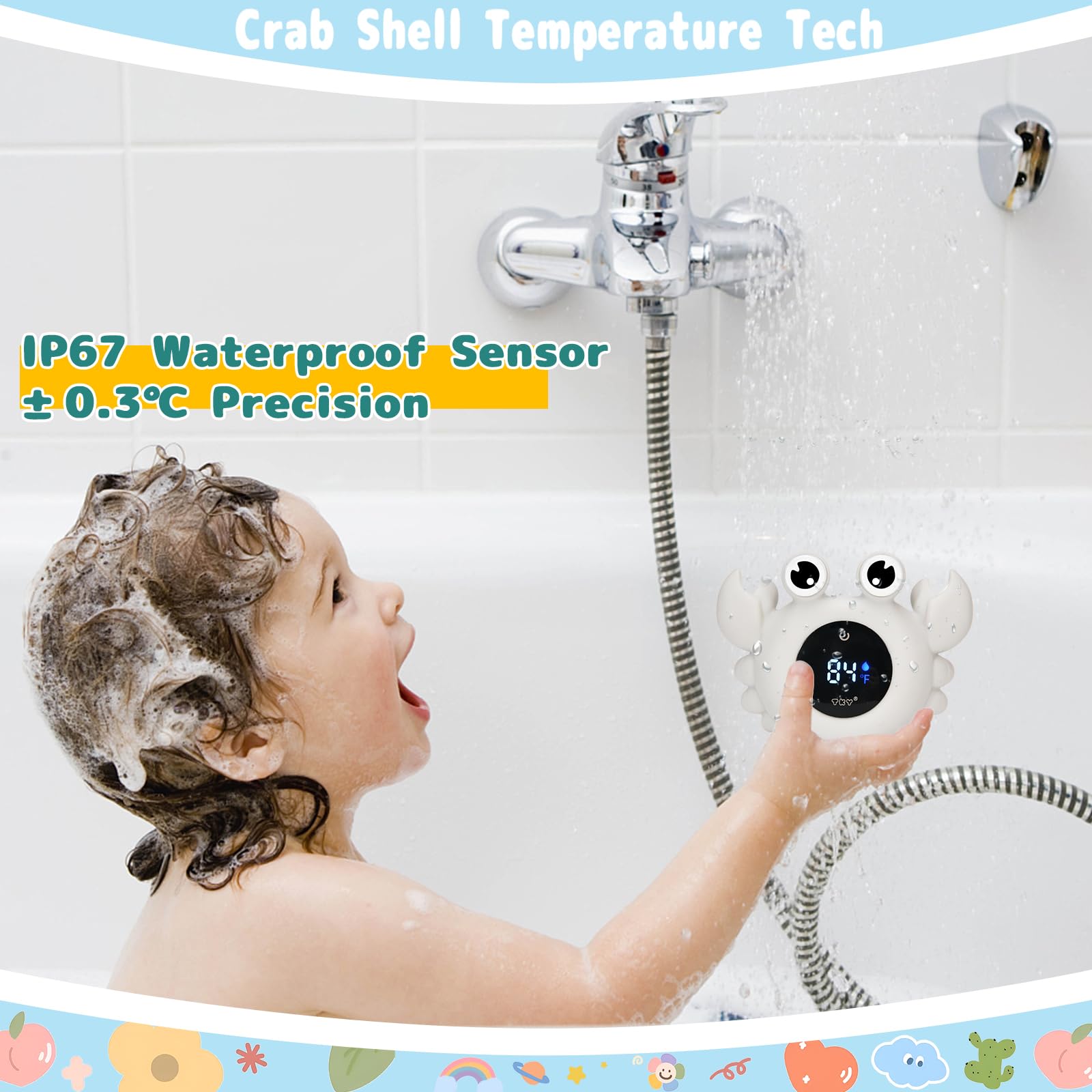 TKY Baby Badethermometer mit schwimmendem Spielzeug & Raumtemperaturmonitor - Wiederaufladbares digitales Thermometer mit Temperaturalarmen, Badezubehör für Neugeborene, Säuglinge (Advanced Grey)