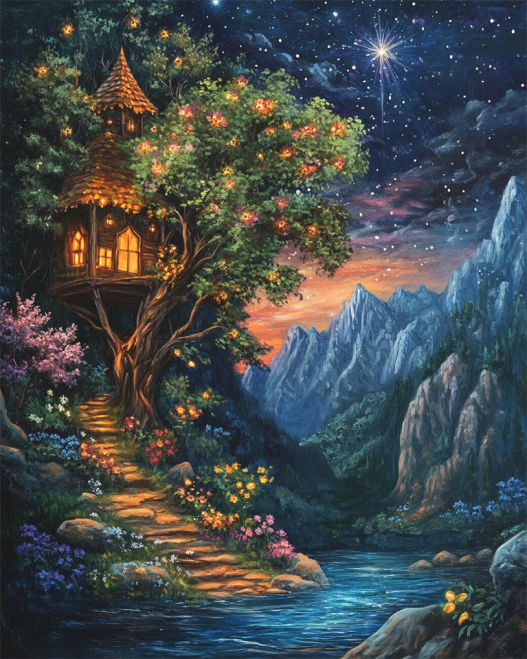 RKFLGEW DIY Bead Embroidery Kit Fairy Tale Treehouse 50x70cm