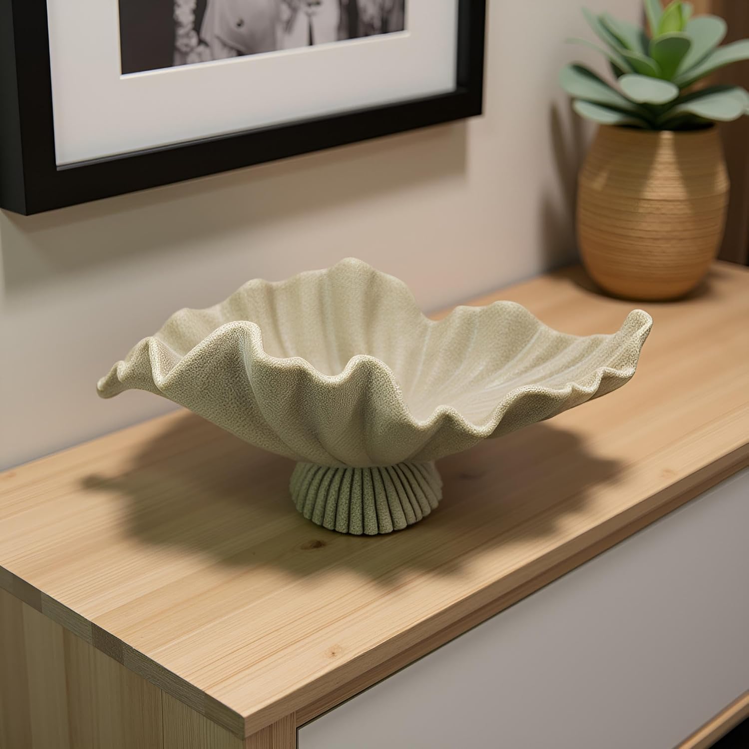 16" Large Decorative Bowl decor, Modern Home Decor,Stylish Key Bowl for Entry Table,Scalloped Decorative Bowls (Beige-With base, 16.14inch)