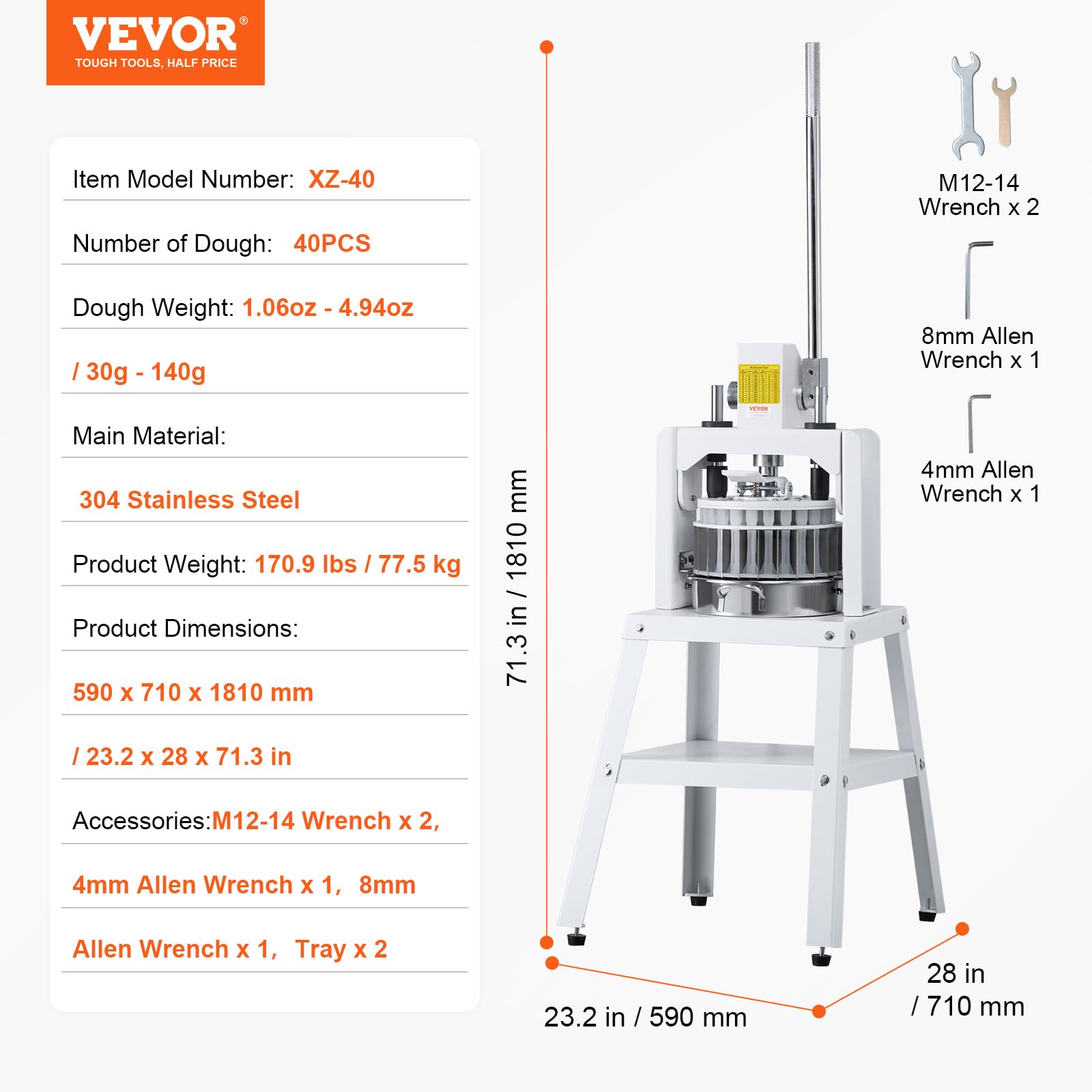 VEVOR Diviseuse de pâte manuelle, 40 pièces, coupe-pâte à pression verticale de 30 g à 140 g avec plateau et lame en acier inoxydable 304, machine à pain pour boulangerie, restaurant, commercial