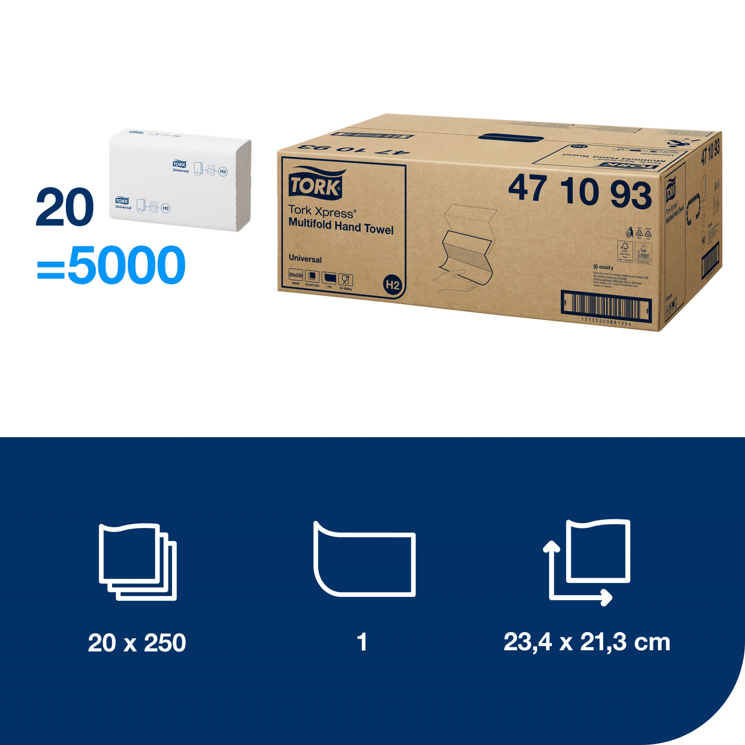 Tork 471093 Toallas de mano Universal Xpress desechables, entreplegadas en Z compatibles con el sistema de Tork H2, 1 capa,Blancoo, 20 x 250 hojas (21.3 x 23.4 cm)