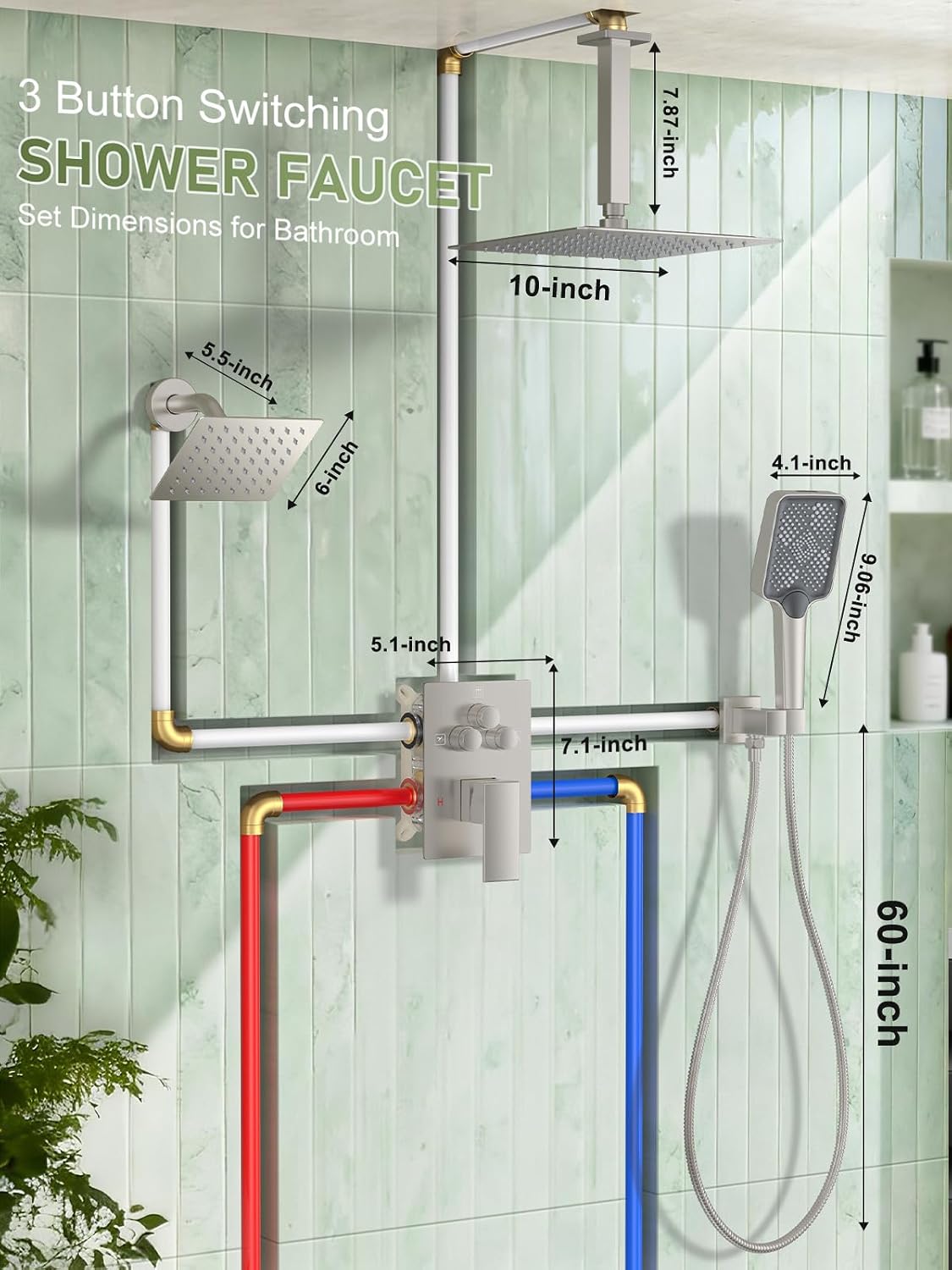 Shower Faucet Set, 10" Ceiling Mount Rainfall Shower System with 10'' Top Head+6'' Side Head and Multi-function Handheld Head Push Button Diverter Shower Faucet Trim Kit
