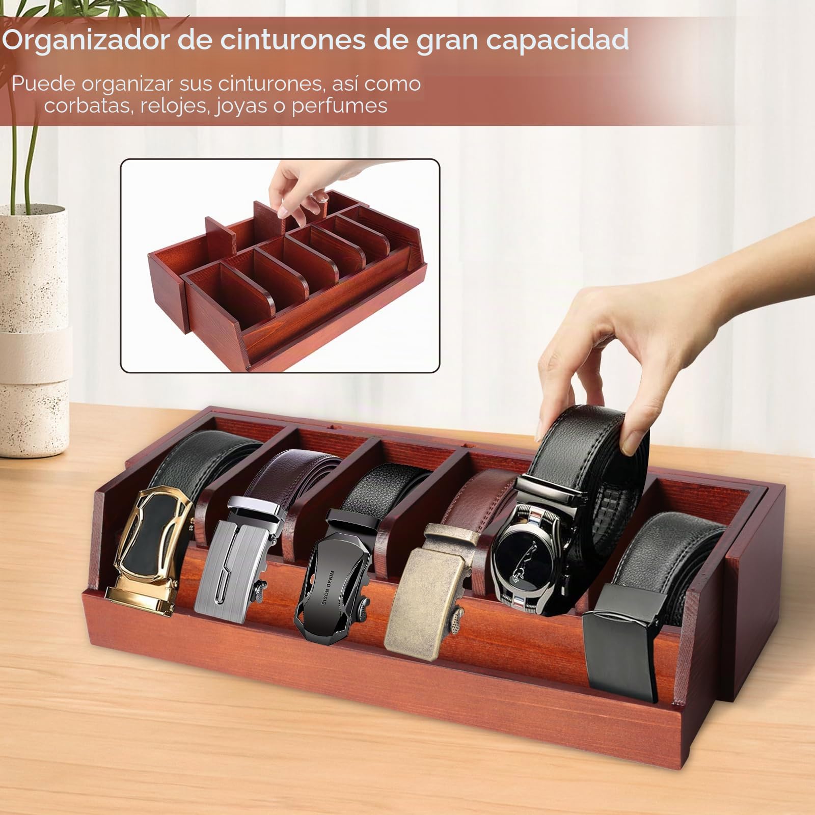 Organizador de Cinturón de Madera, 10 Compartimentos, Soporte de Cinturón de Bambú para Armario y Cajón, Estante de Exhibición para Hombres y Mujeres, Marrón
