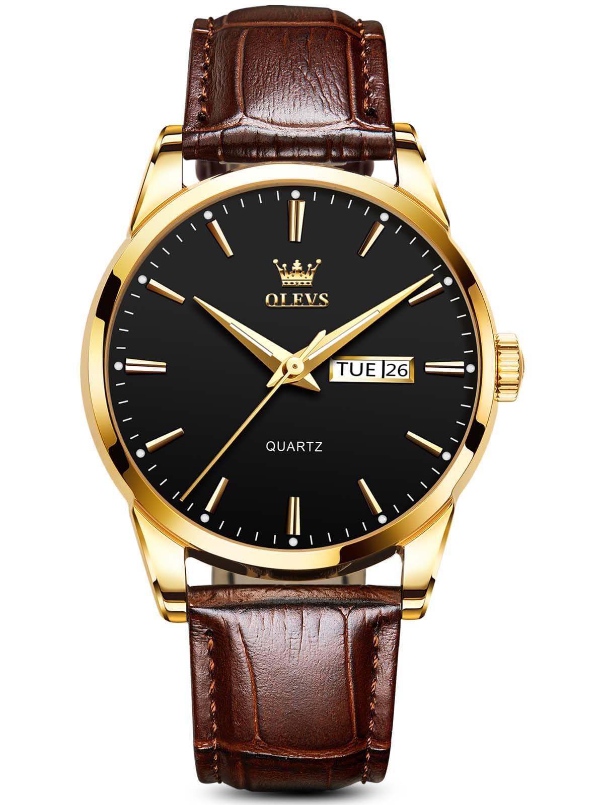 OLEVS Mens Watch Brown Leather Band Dress Watch for Men Quartz Waterproof Men's Wrist Watch 38MM Gold Case Easy to Read Day Date Business Casual Men Watches Gifts for Him Relojes para Hombres brown leather black dial