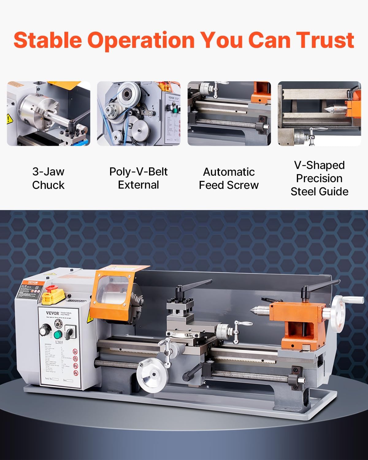 VEVOR Benchtop Metal Lathe, 7.87 x 13.78 in, Precision Power Metal Lathe Machine, with 50-2500 RPM Continuously Variable Speed, Metal Gears, 600W Brush Motor, Tool Box, for Processing Precision Parts