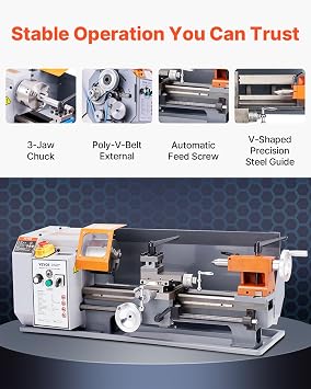 VEVOR Benchtop Metal Lathe, 7.87 x 13.78 in, Precision Power Metal Lathe Machine, with 50-2500 RPM Continuously Variable Speed, Metal Gears, 600W Brush Motor, Tool Box, for Processing Precision Parts