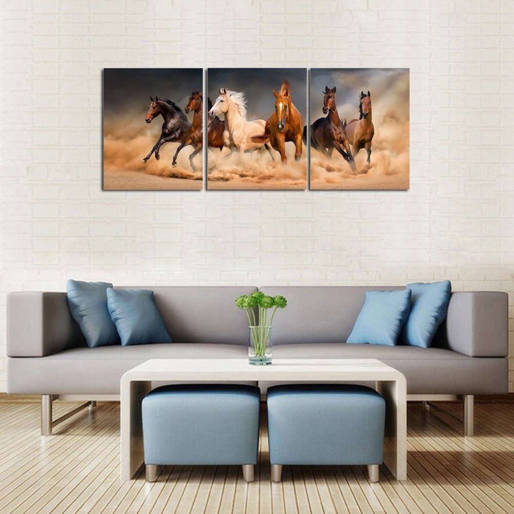 Paintings On Canvas 3 Pieces Running Horse with Modern Wooden Framed Artwork Pictures Wall Decor for Living Room and Bedroom Ready to Hang Size: (22 Inch x 20 Inch x 3 Pannel)