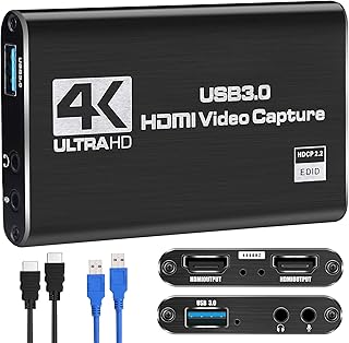 HDMI Capture Card 4K 60FPS Audio Video Capture Card with Loop-Out USB 3.0 Capture Card 1080P Video Converter for Game and Live Streaming Video Recording Screen Recording Additional Configuration 1Pcs USB 3.0 Cable 1Pcs HDMI Cable