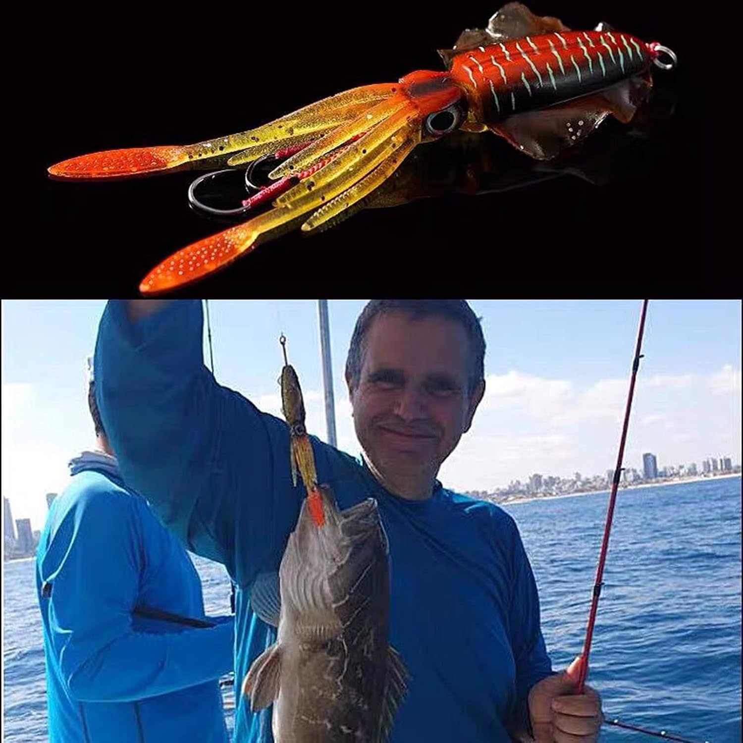 DAMIDEL 4 Pcs Large Simulation Squid Fishing Lures Bait Kit,3D Holographic Eyes，Built-in Multicolored BlocksThrough Heavy Duty ，Stable and Tempting