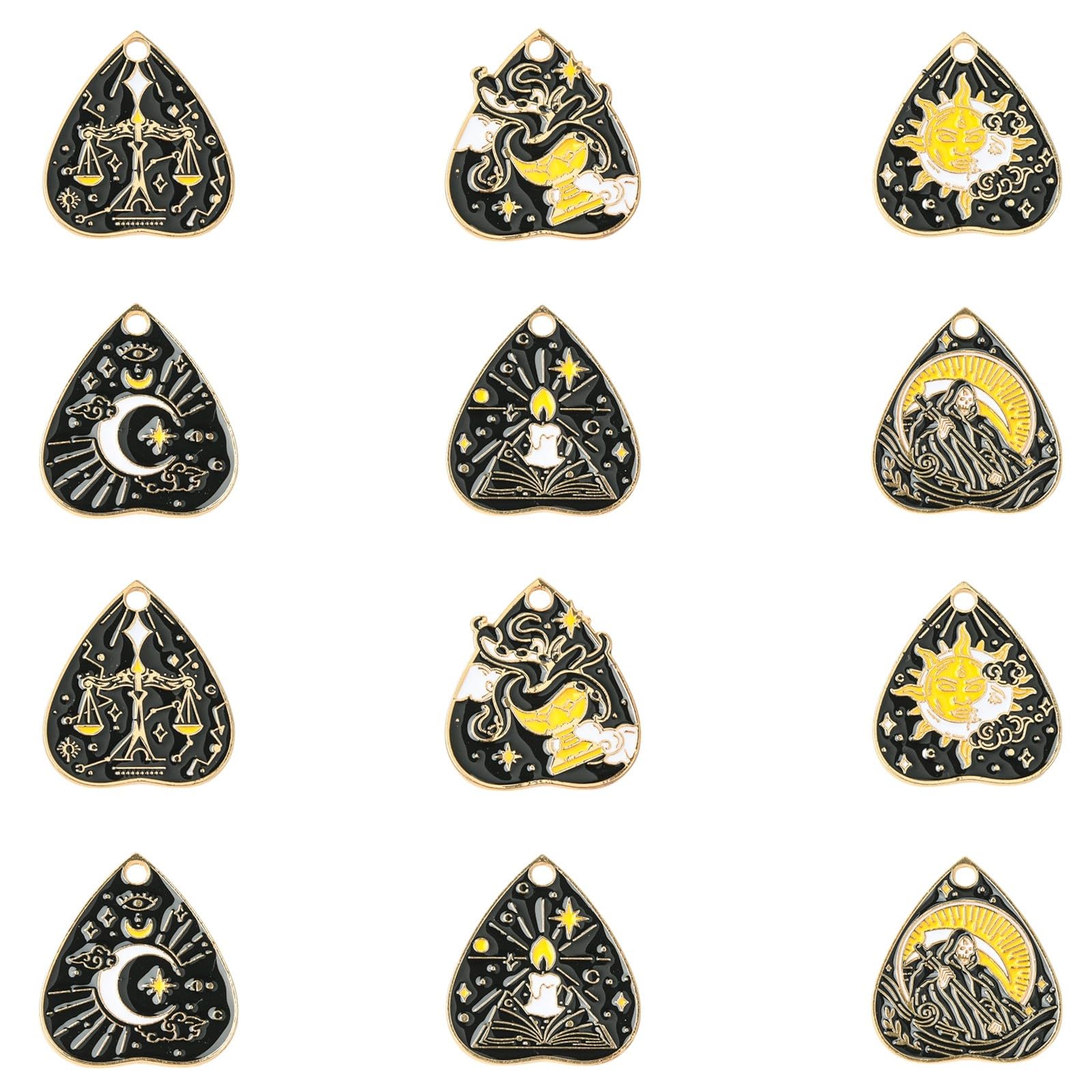 Stiesy 30Pcs 6 Styles Gothic Tarot Charms Black Heart Tarot Card Enamel Charm Bulk Magic Sun Moon Divination Board Jewelry Dangle for Jewellery Making Crafts Bracelets DIY