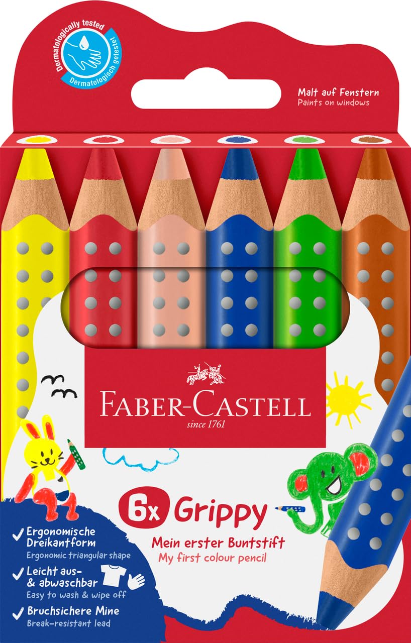 Faber-Castell Grippy 110630 - Juego de 6 lápices de colores jumbo para niños, fáciles de lavar, forma triangular ergonómica, lápices de colores gruesos, mina de 10 mm de grosor