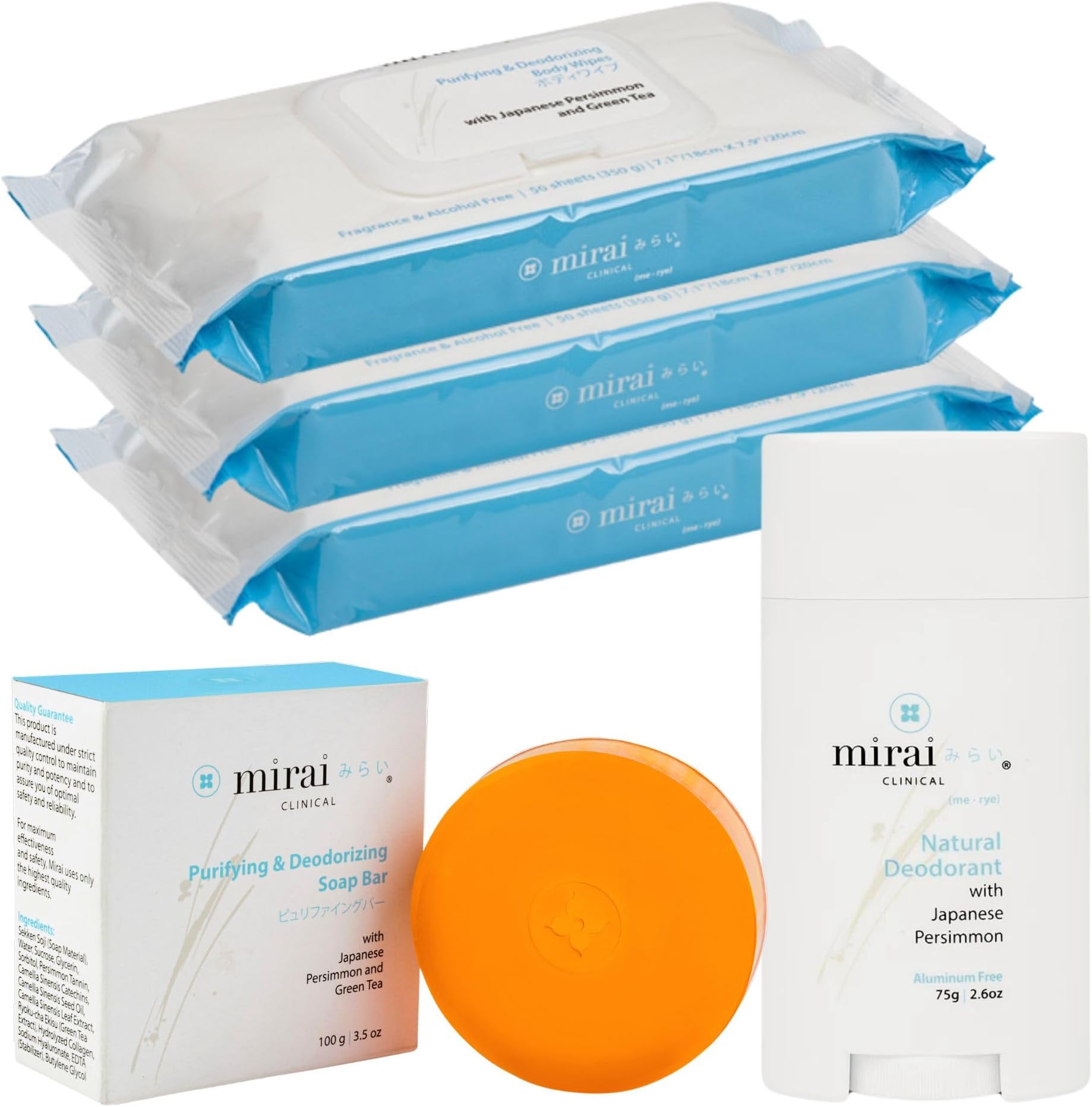 MiraiClinical Refreshing Essentials Bundle - Wipes, Deo Stick & Deo Soap (3 packs, 75g, 100g) - Complete Hygiene and Odor Control Set with Natural Persimmon & Green Tea Extracts for Men & Women