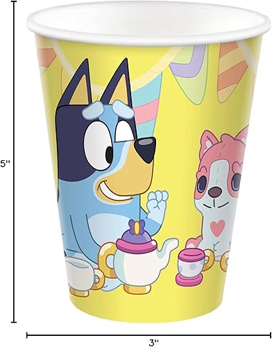 Miniatura 5 de Amscan El paquete de suministros para fiesta de cumpleaños de Bluey incluye 16 vasos de papel de 9 onzas y 1 hoja de calcomanías de dinosaurio