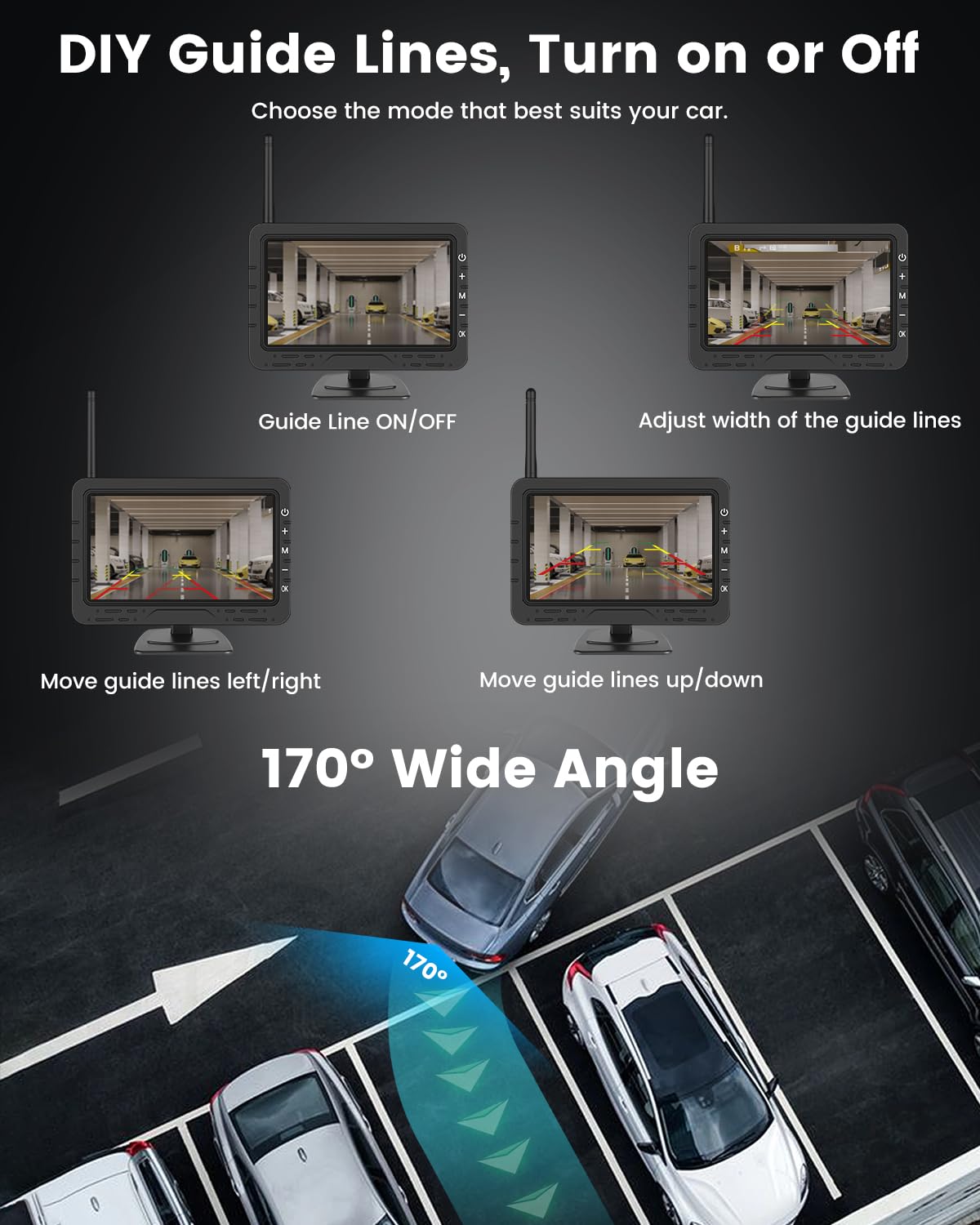 NHOPEEW Kit Inalámbrico de Cámara de Visión Trasera con Monitor de 4.3", Líneas de Aparcamiento Ajustables, Cámara de Marcha Atrás Impermeable IP68, Visión Nocturna, No Necesita Cableado
