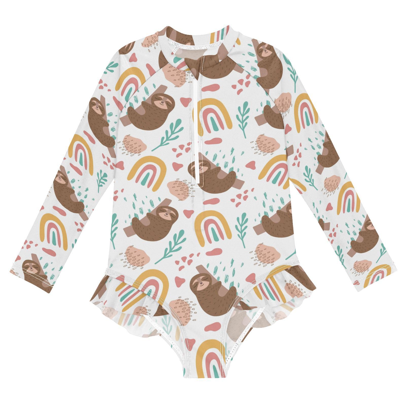 Wusikd Girls Long Sleeve Swimsuit Sloth Linen One Piece Bathing Suit Zipper Swimwear Sun Protection 5-6T