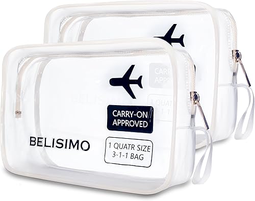 BELISIMO Neceser de viaje transparente aprobado por la TSA con accesorios de viaje, tamaño de cuarto de galón, bolsa de cosméticos, bolsas de
