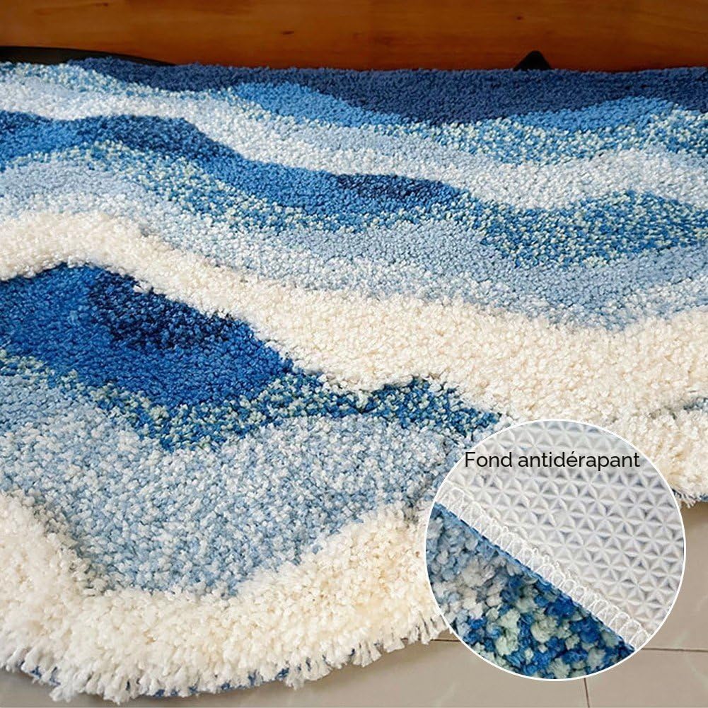 Tapis Ondulé Touffeté avec Vagues De L'océan, Tapis Océanique avec Envers Antidérapant, Tapis De Salle De Bain Côtier, Lavable, Vagues 3D, pour Maison, Le Salon, Salle De Bain