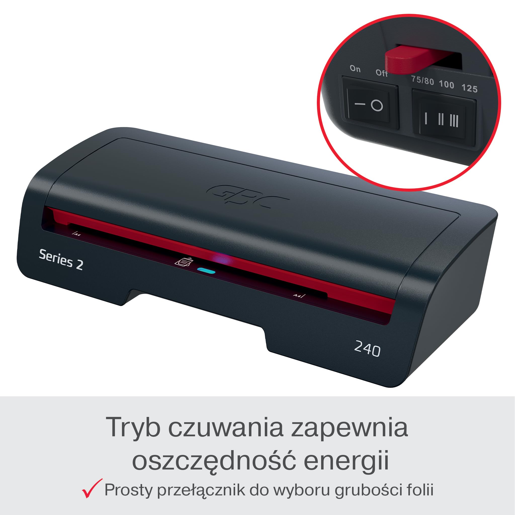 GBC 240 Home Office Laminator A4 – Szybkie nagrzewanie w 2 minuty, 75–125 mikronów, funkcja przeciw zacięciom, auto wyłączanie, zawiera 5x folii A4, czarno-czerwony, 4410068EU