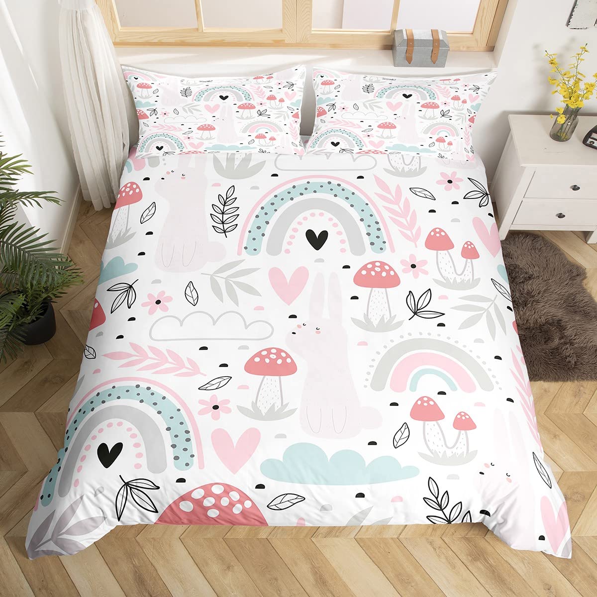 Cute Rabbit Duvet Cover Set Double Size, Mushroom Leaves Flower Comforter Cover with 2 Pillowcases, Cartoon Rainbow Bedding Set 3pcs for Kid Boys Girls Bedroom Decor Lightweight Bedspread Cover โ image 1