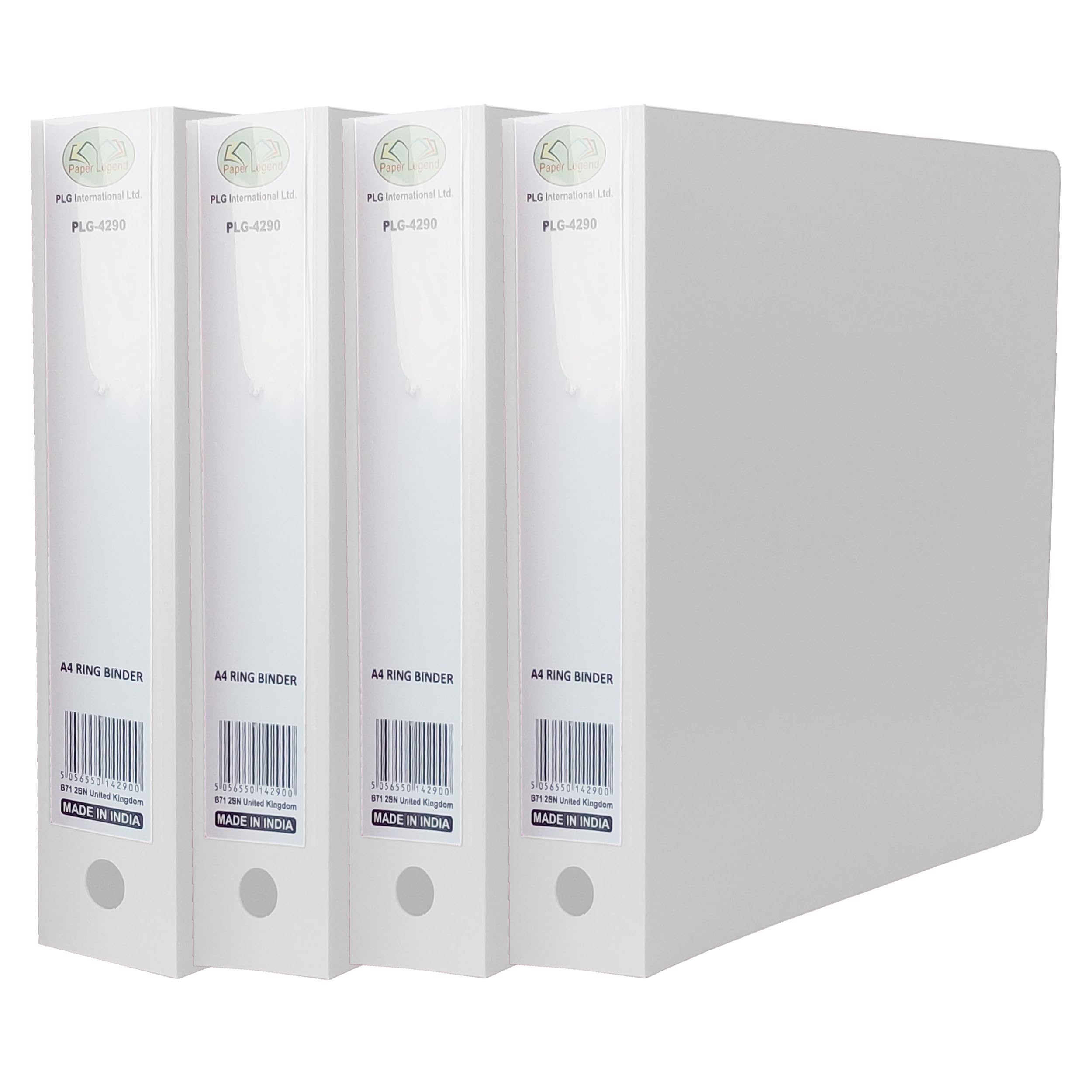 2-O Metal Ring Binder A4 (Pack of 4) White File Folders with Finger Pull Thumb Hole 65mm Strong Label Spine 500 Sheets Capacity Polypropylene Ring Binder for Office, School Work, Home