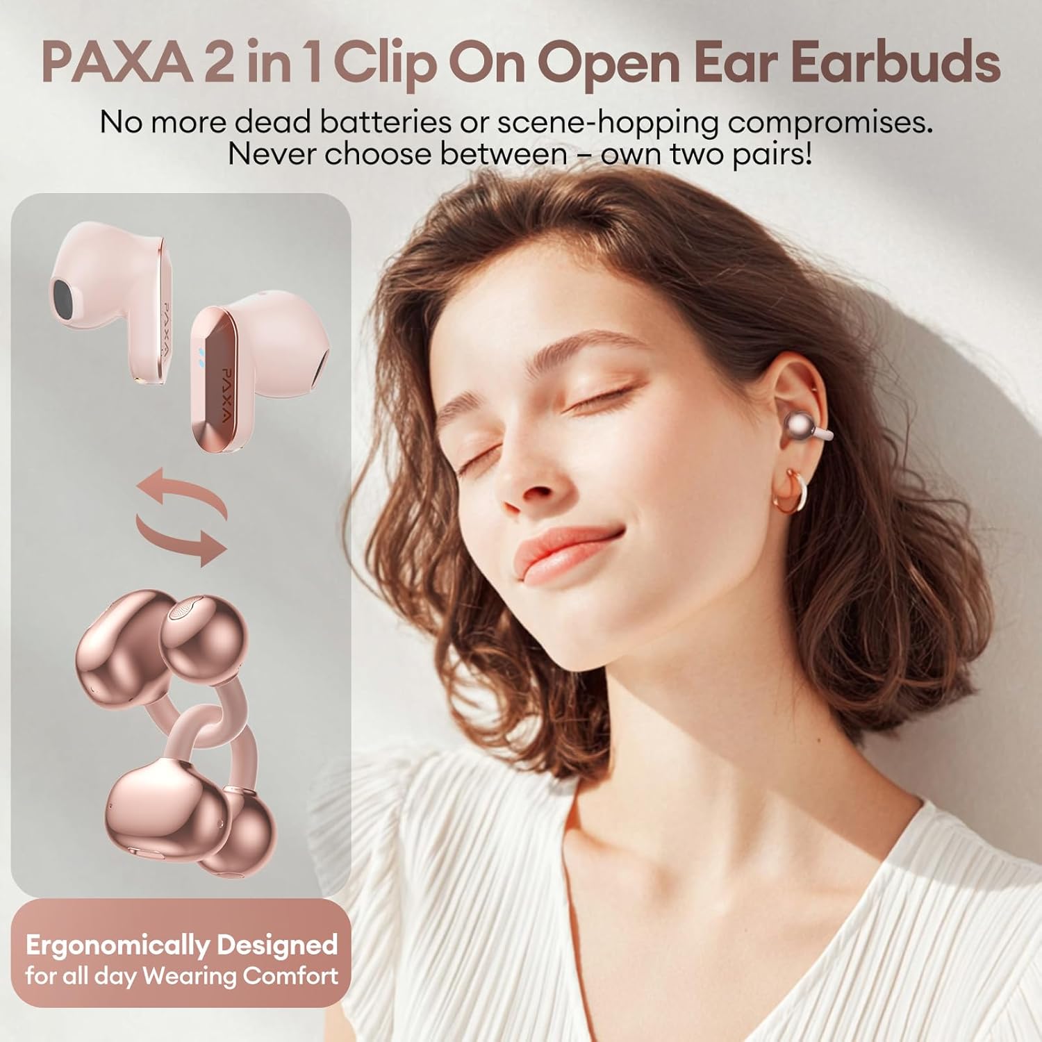 2 in 1 Clip on Open Ear Headphones Wireless Earbuds, 0 Delay Bluetooth 6.0, Ultra-long 140H Play, Auto L-R Recognition Touch Control, Hybrid Noise Reduction for Work Fitness Daily Use,Ctbuds Rose Gold - Image 2