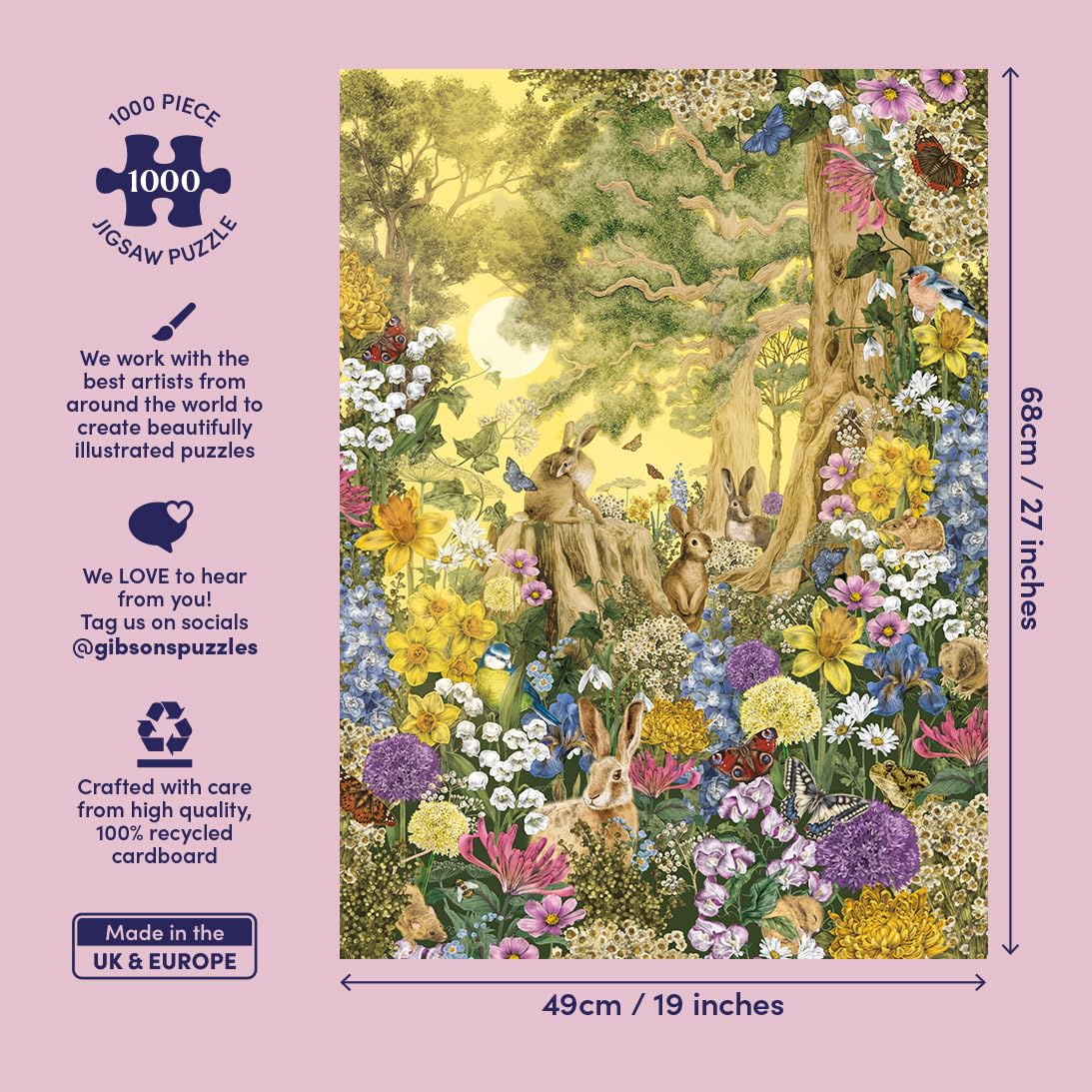 Gibsons Spring Dawn - Puzzle da 1000 pezzi per adulti - Foresta incantevole con fiori freschi e lepri, collezione The Art File - Puzzle sostenibile di alta qualità realizzato nel Regno Unito/UE