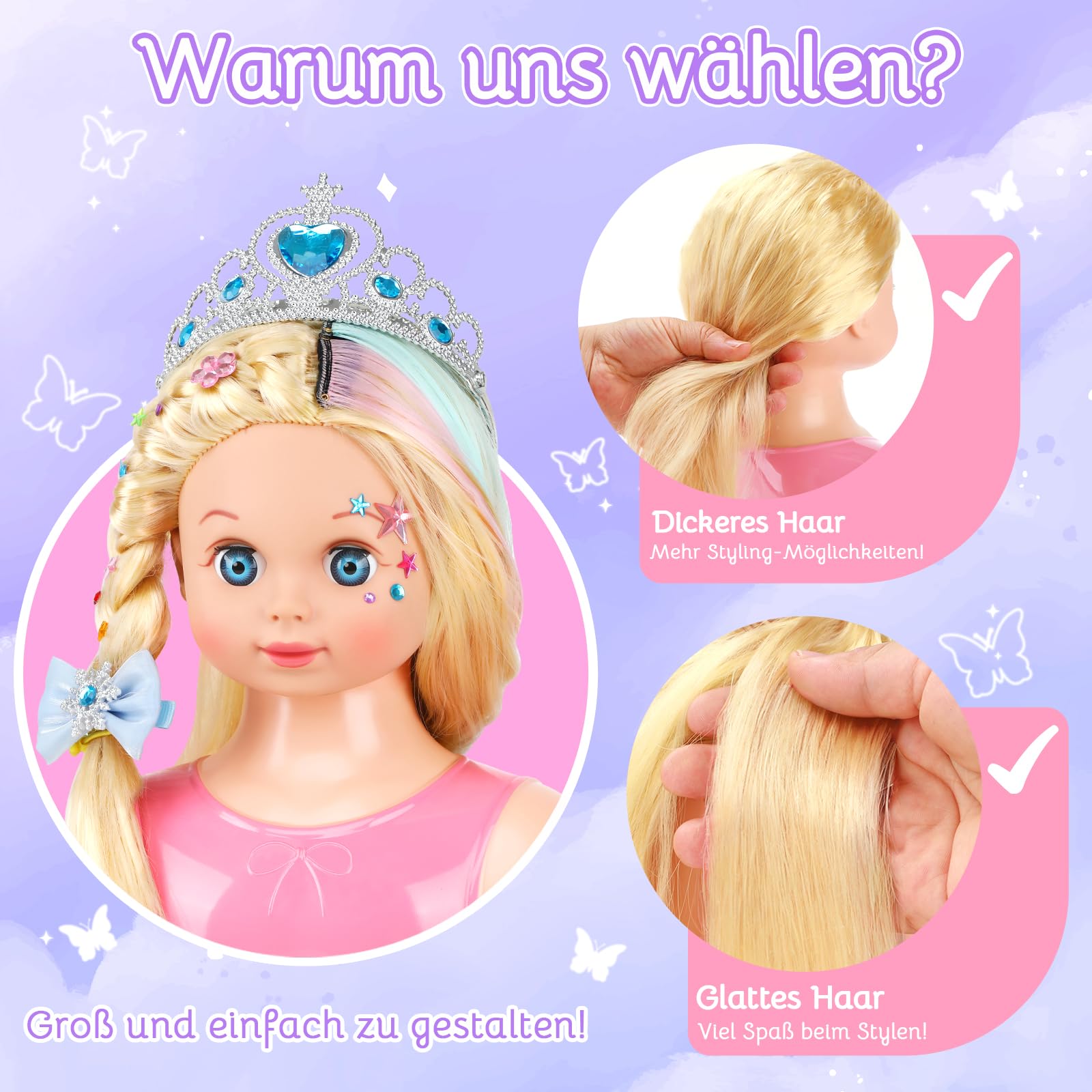 Frisierkopf Kinder Set mit Haarverlängerungen, Haarzubehör & Waschbare Kreide - Schminkkopf für Mädchen ab 3 4 5 6 Jahre, Puppenkopf Zum Frisieren Kinder, Weihnachten Geburtstag Geschenke Spielzeug