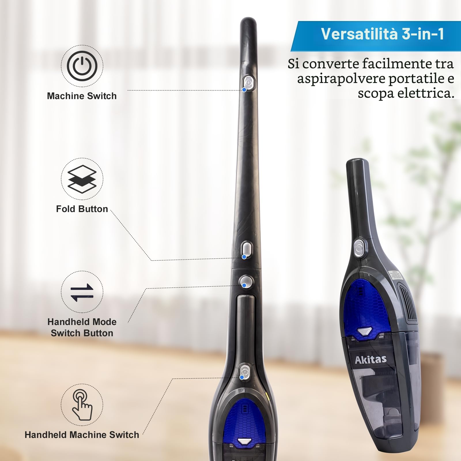 Akitas U10 2in1 Potente Aspirapolvere Senza Fili Scopa Elettrica Verticale a Batteria Leggero 22,2v 150W con Batteria al Litio Ricaricabile per Pavimenti, Tappeti e Peli degli Animali Domestici