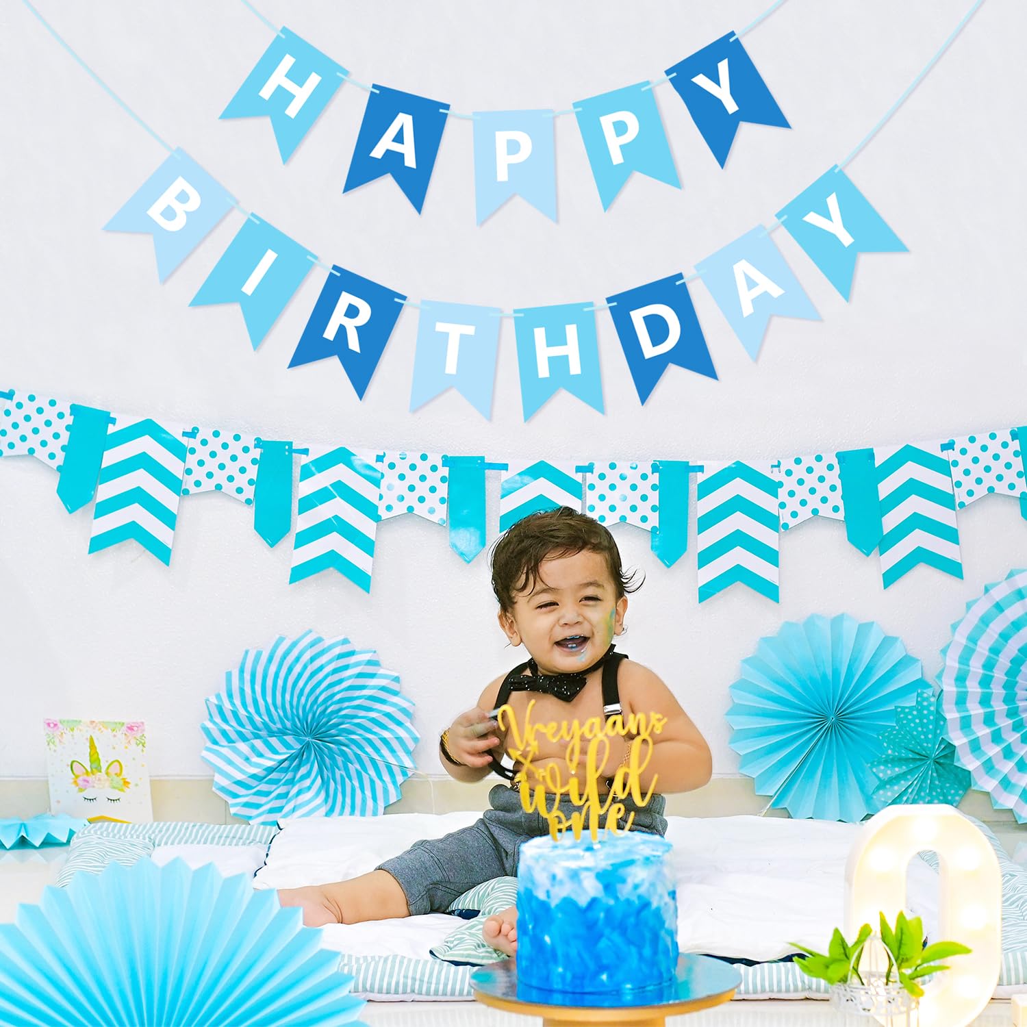 Décoration Anniversaire - Bannière Happy Birthday 5m + Guirlande Étoiles Bleu - Set Fête Complet