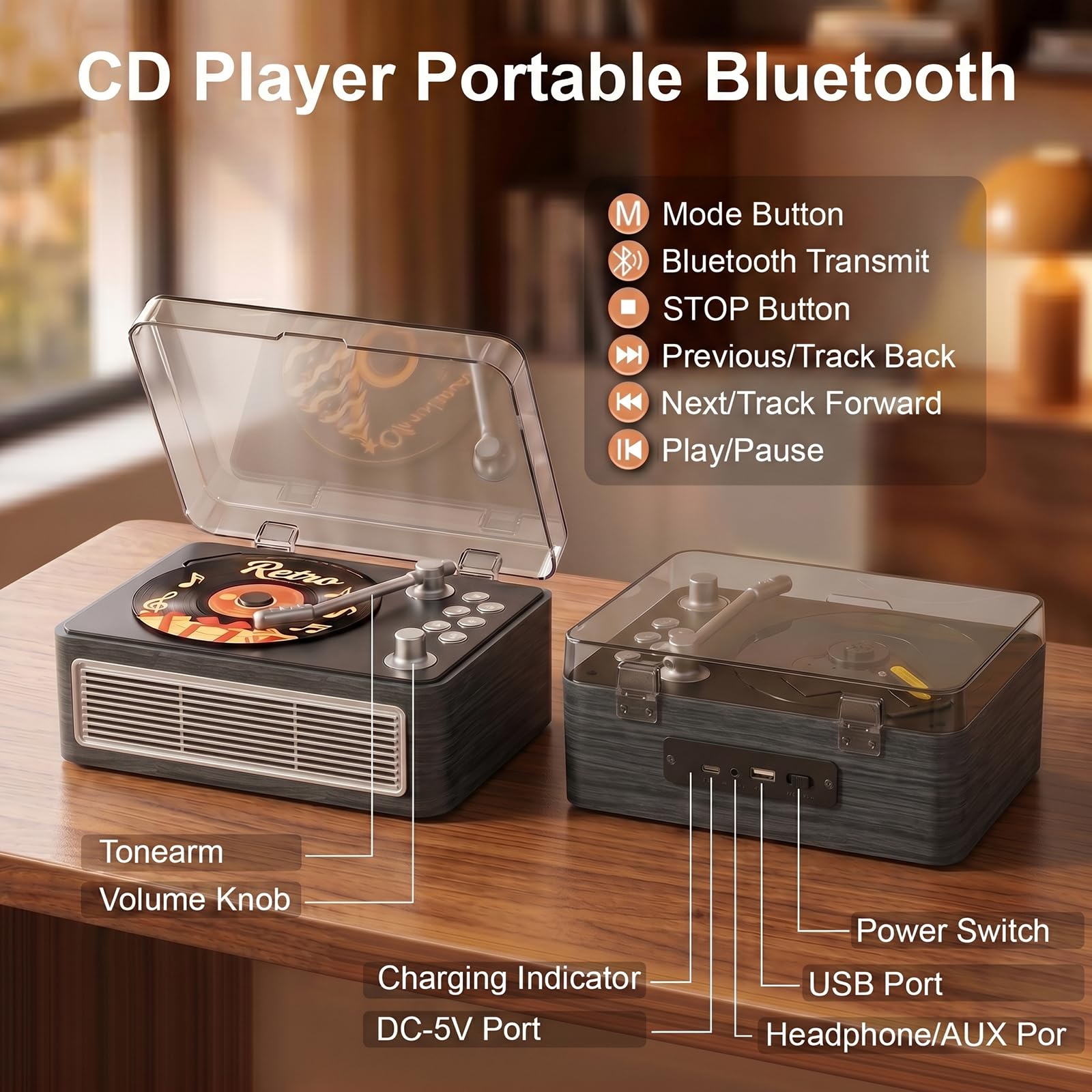 Gueray Reproductor de CD portátil con Bluetooth y Altavoces y Radio Ébano