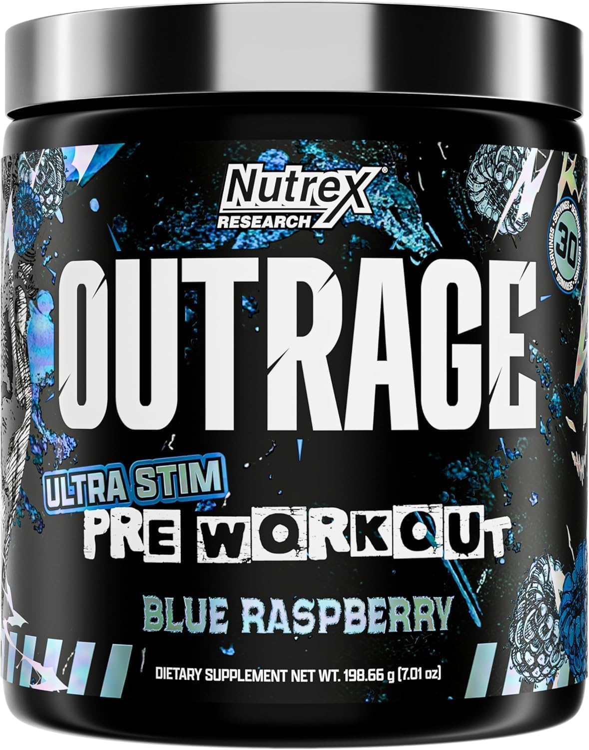 Outrage Ultra HIGH STIM Pre-Workout Powder for Men | 400mg Caffeine, L-Citrulline, Beta-Alanine, Creatine | Extreme Energy, Focus, Strength & Endurance (30 Servings, Blue Raspberry) Blue Raspberry 8 Ounce (Pack of 1)
