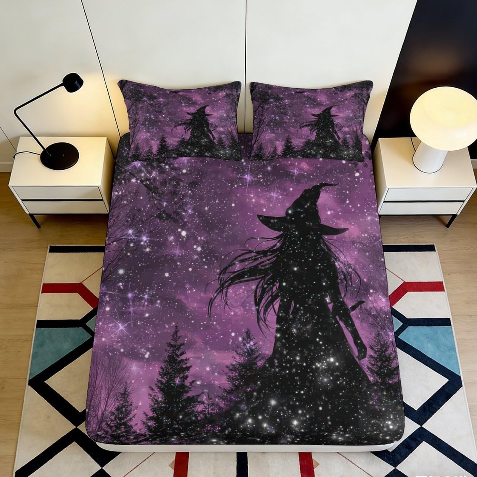Pnayamiorkfel Style-3 3D Printed Witch Starry Sky Fitted Sheet Microfiber Purple Bedroom Decor Cosmic Forest Mattress Cover 90X200x25cm