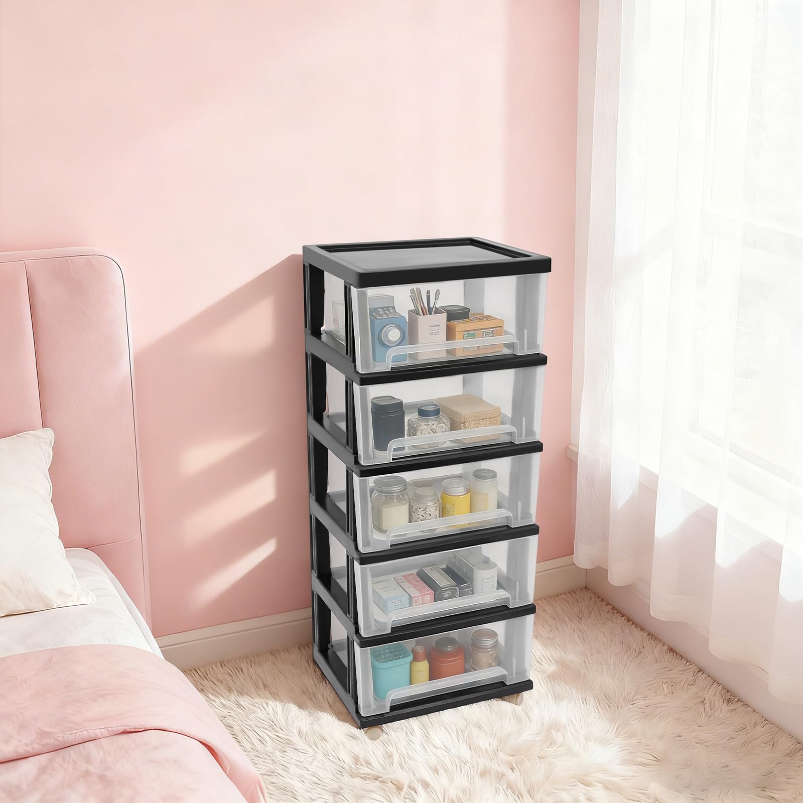 Cassettiera in plastica a 5 ripiani, 40 x 33 x 98 cm, contenitore trasparente arrotolabile, maniglie per la conservazione di libri, corsi, documenti, accessori (nero)