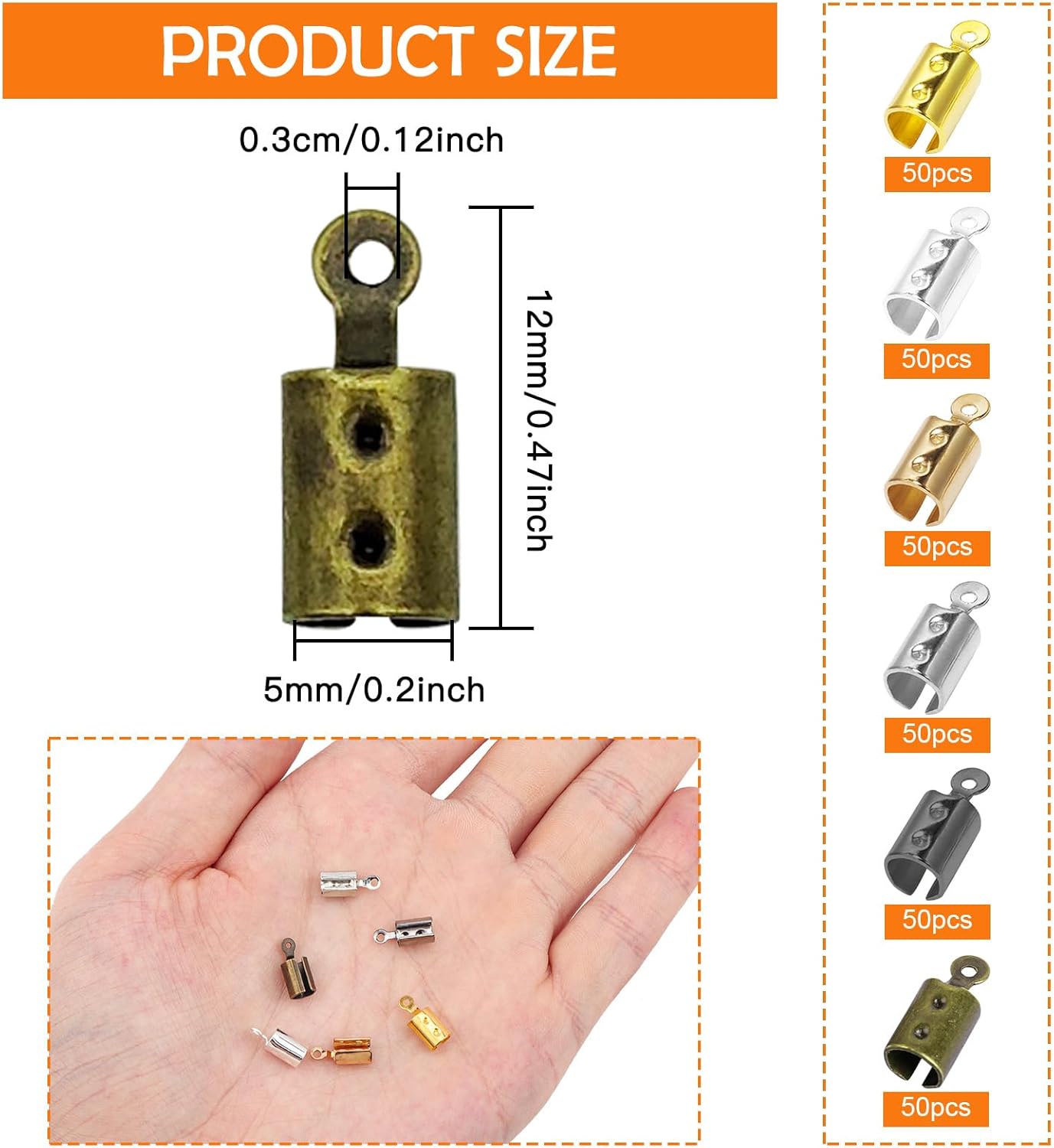 300pcs Stainless Steel Fold Over Cord Ends Fold Over Crimp Caps Ribbon End Clasp Tips Clamp Cord Ends Jewelry Connector for for Jewelry Making/Necklace Cord/DIY Crafts(6 Colors) - Image 2