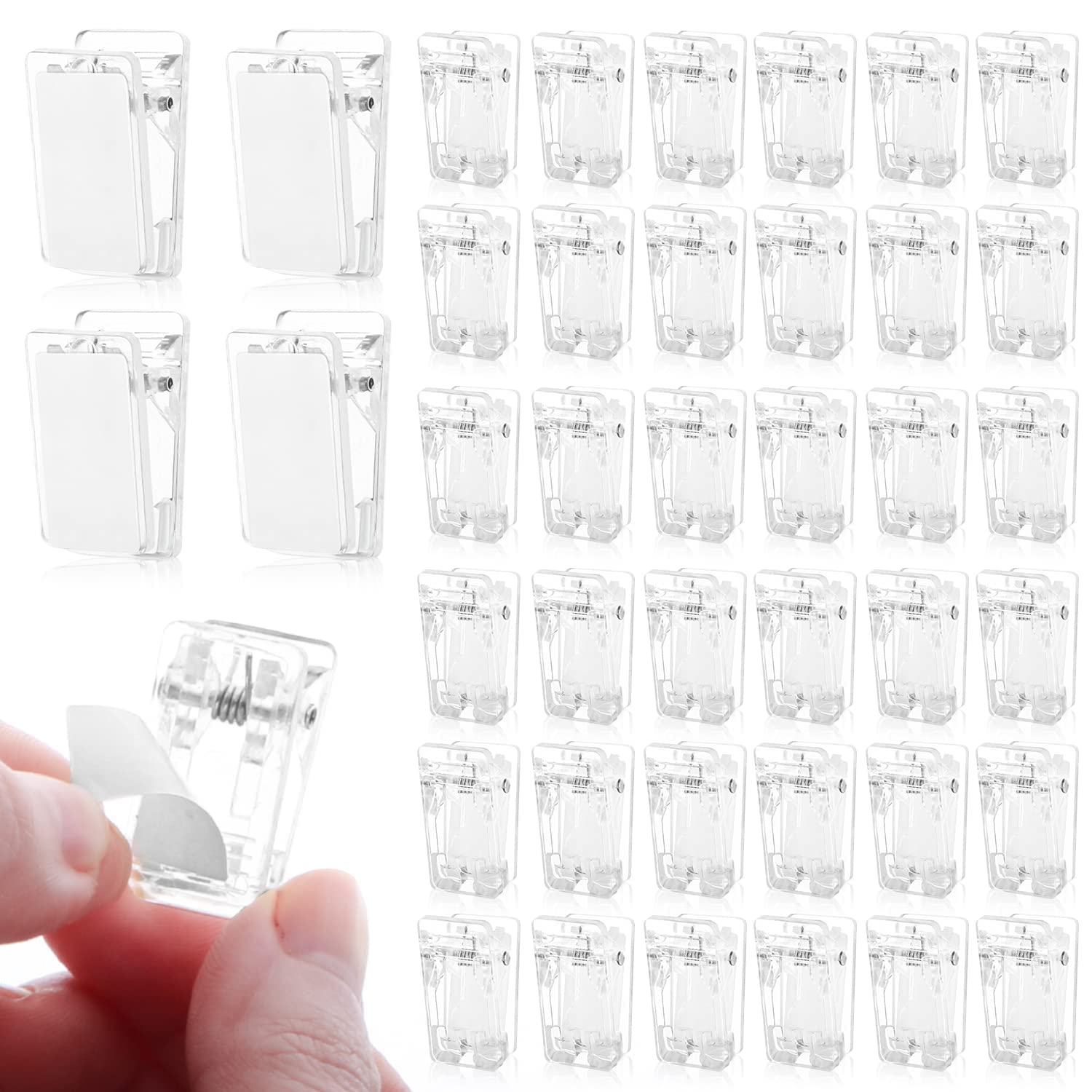 SYOSI 60 Pieces Plastic Self-Adhesive Clips, , Clear Wall Tapestry Clip Small Hanging Spring Sticky Clips for Photo Posters Document Flag Home Office Classroom