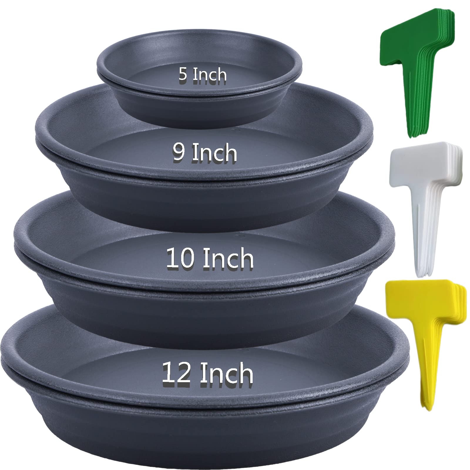 AUORY Multi-Size Plant Saucer Set, Durable Thick Plastic Flower Pot Drip Trays, Suitable for Indoor and Outdoor Gardens (8 Pieces in Total, Black)
