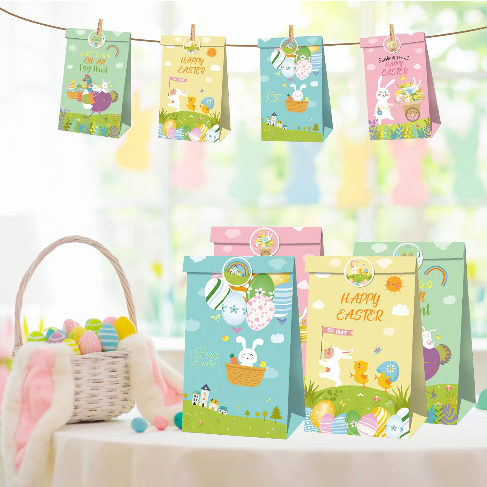 12 Sacchetti Regalo Pasqua Per Bambini – Coniglietti, Uova E Pulcini, Con Mollette In Legno, Corda E Adesivi – Fai Da Te - 2