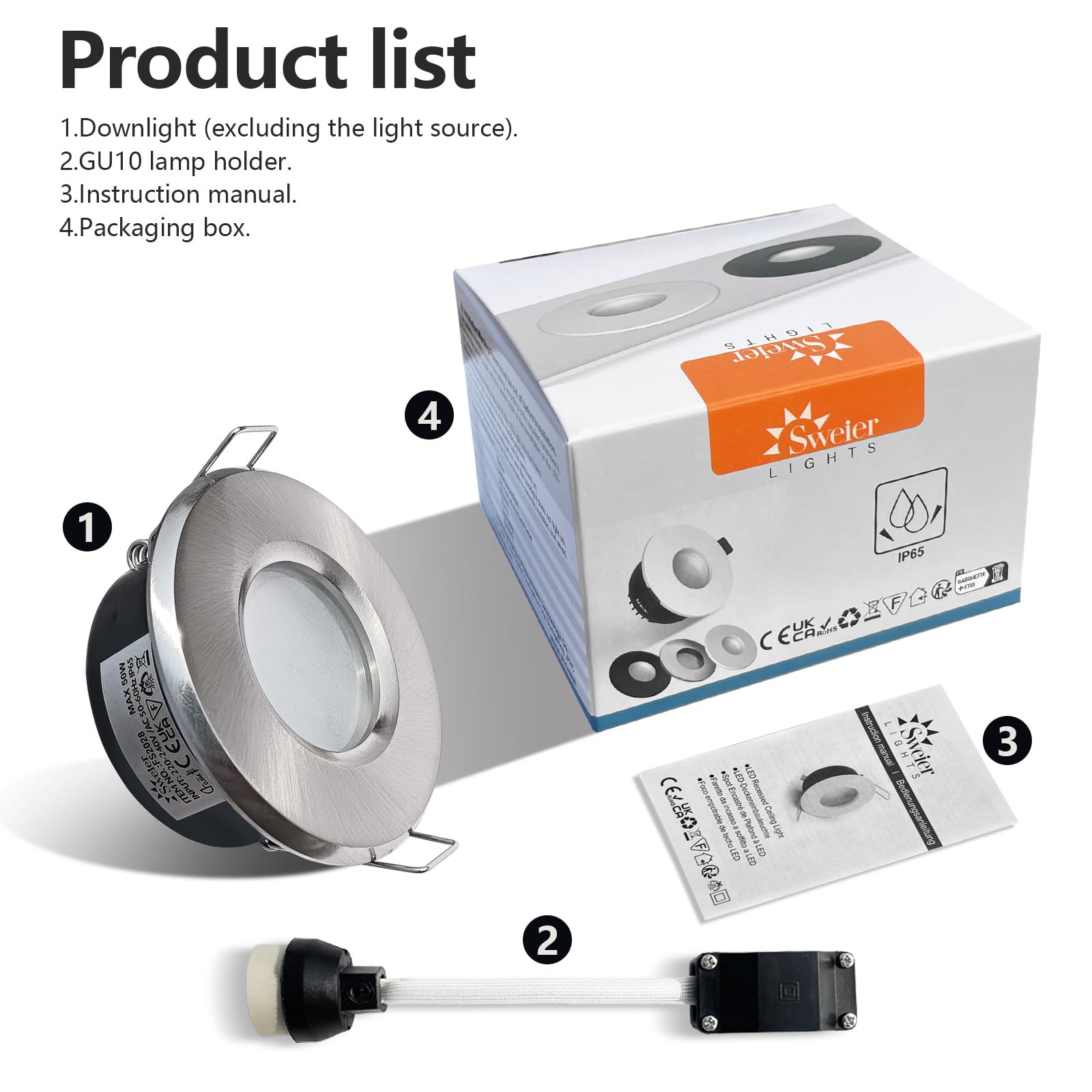 Focos Empotrables LED Impermeables IP65, Base GU10, para Techo de Baño y Cocina, Aluminio Fundido ACD12, níquel satinado, Corte de 68 mm (Bombilla No Incluida), 1 Piece
