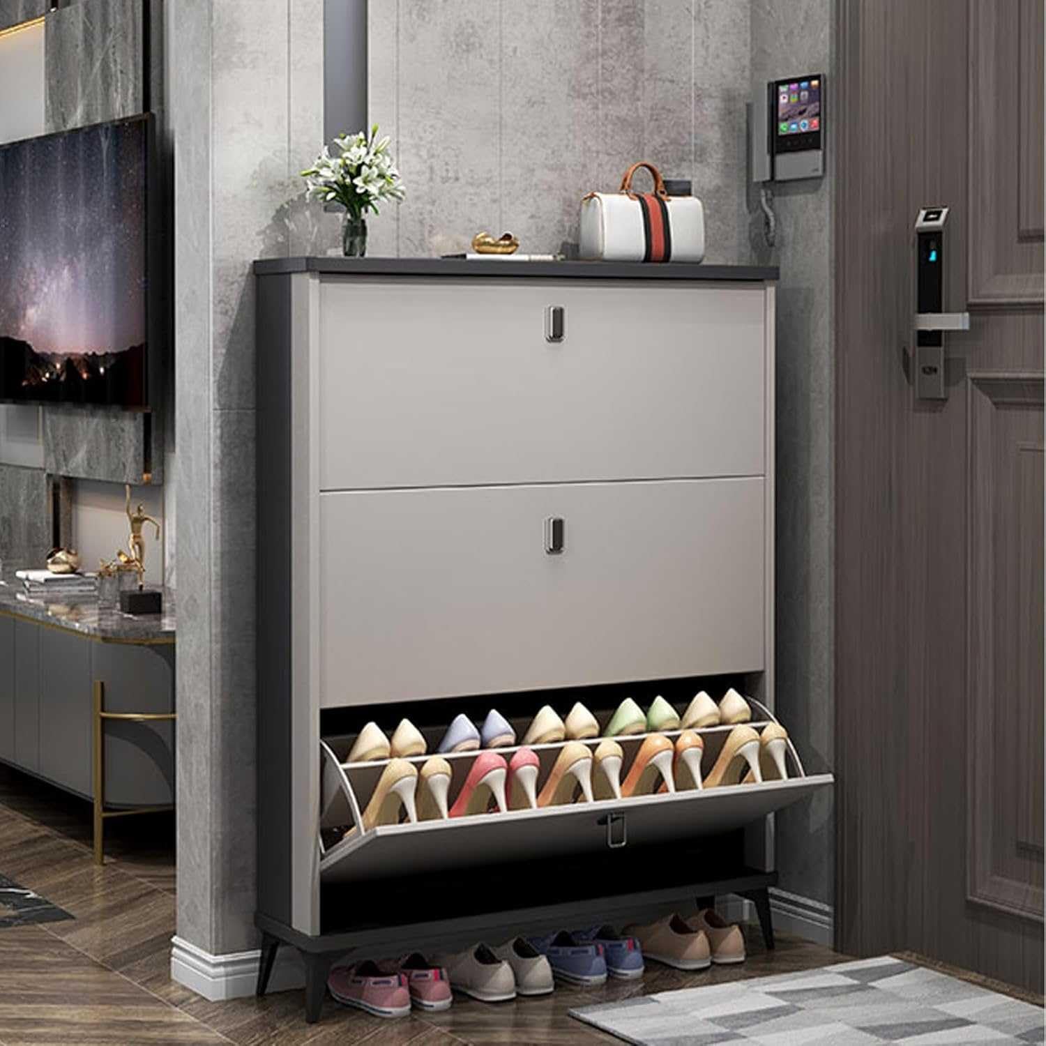 LVSEWOA 3 Drawer Shoe Cabinet Cupboard Pull Down Shoe Storage Organiser 3 Tier Entryway Shoe Rack Cabinet Footwear Stand for Hallway Wooden Furniture Unit