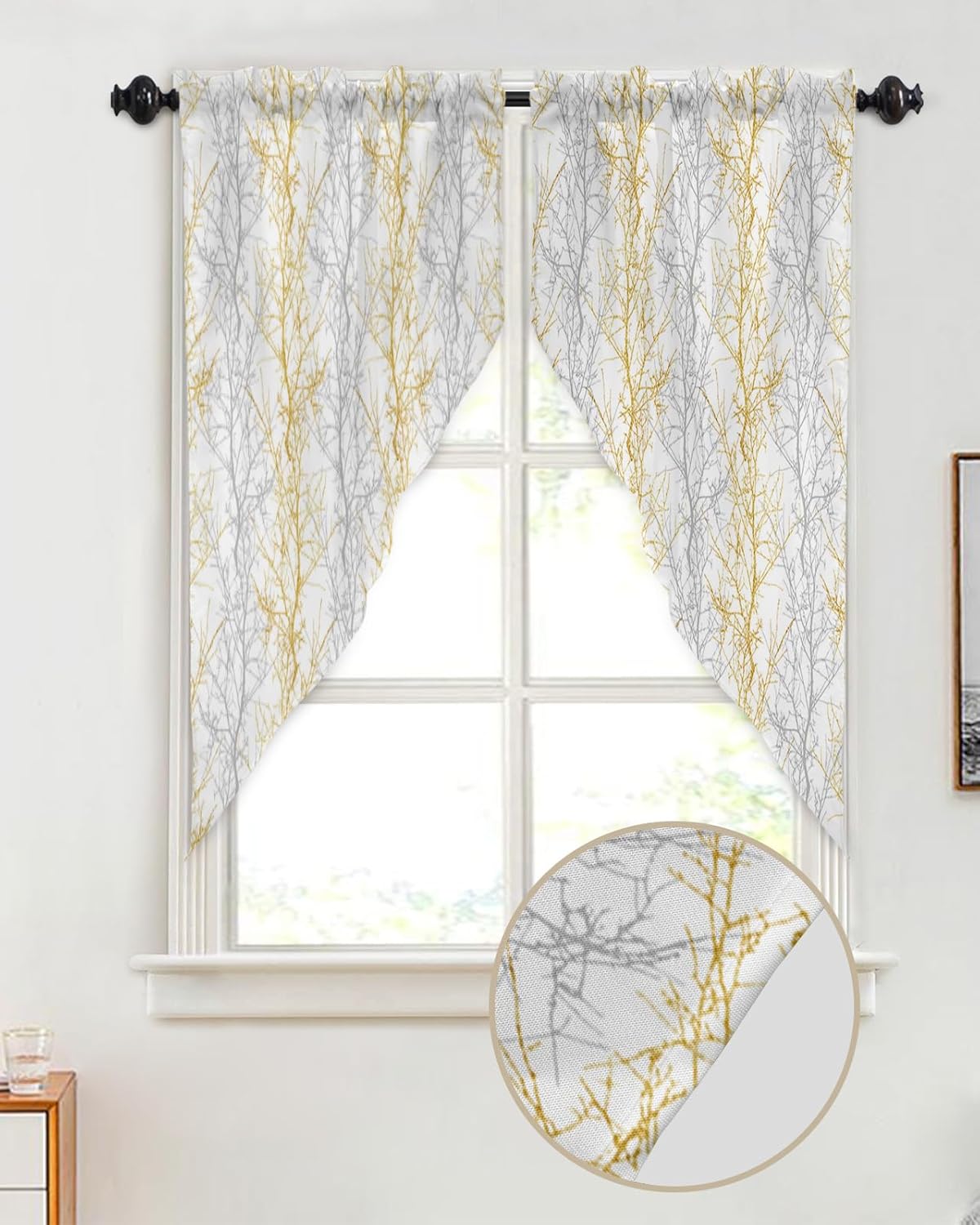 Golden Grey Swag Valances for Windows 2 Pack, Pastoral Botanical Kitchen Window Curtains 36 Inch Length, Gray Branch Aesthetics Privacy Swag Curtains for Living Room/Bathroom with Rod Pocket 36"x36"