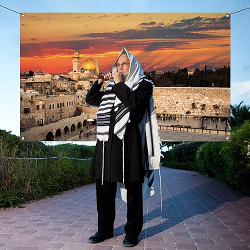 Miniatura 4 de Nepnuser Telón de fondo de cabina de fotos de paisaje urbano de Jerusalén, pared occidental, fondo de torre David para decoraciones de Sukkot Rosh